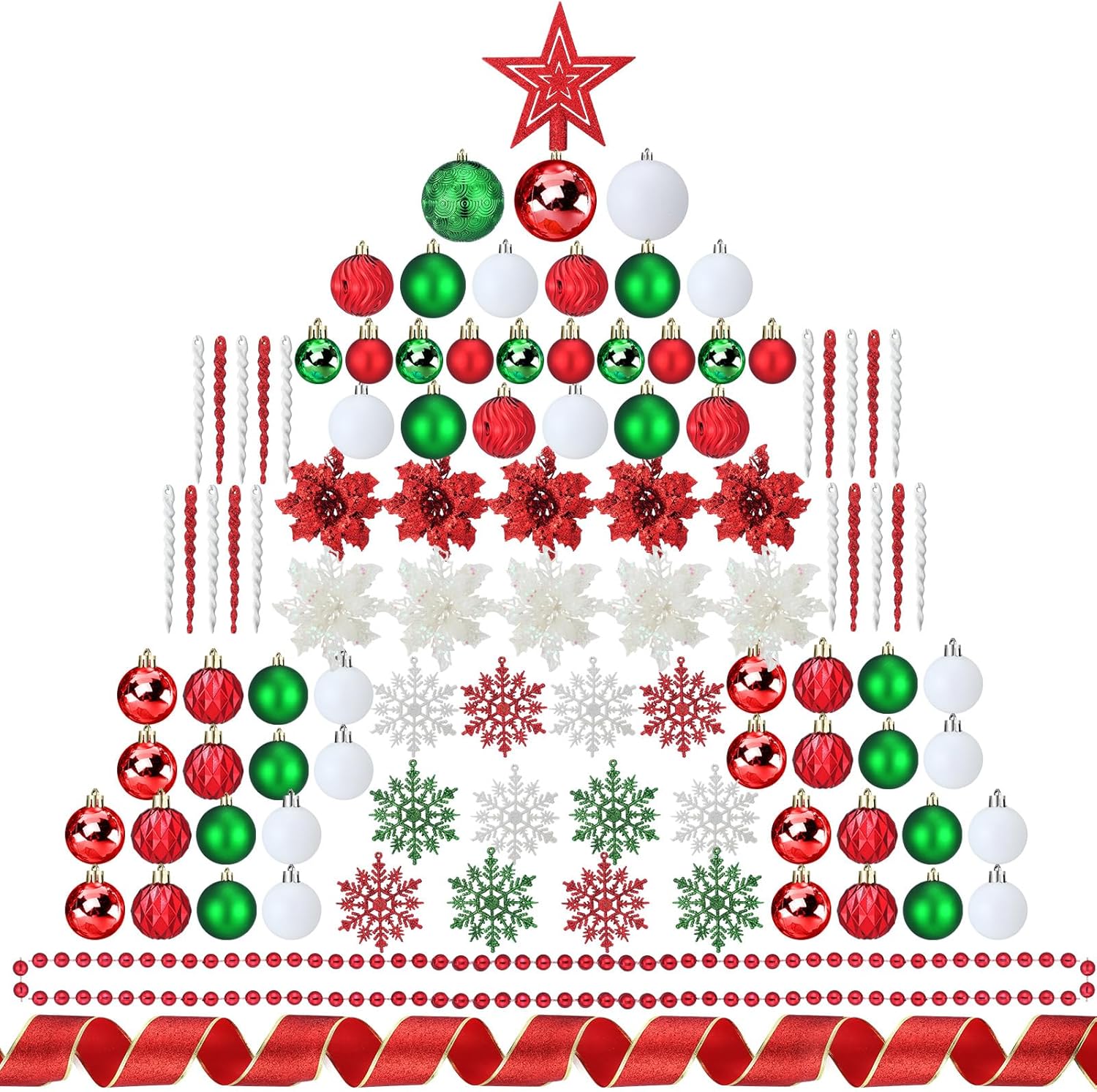 104 Pcs Christmas Ball Ornaments Set Christmas Tree Ornaments Set Shatterproof Christmas Tree Decorations Poinsettia Ribbon Flowers Tree Topper for Xmas Tree Holiday Party(Red Green White)