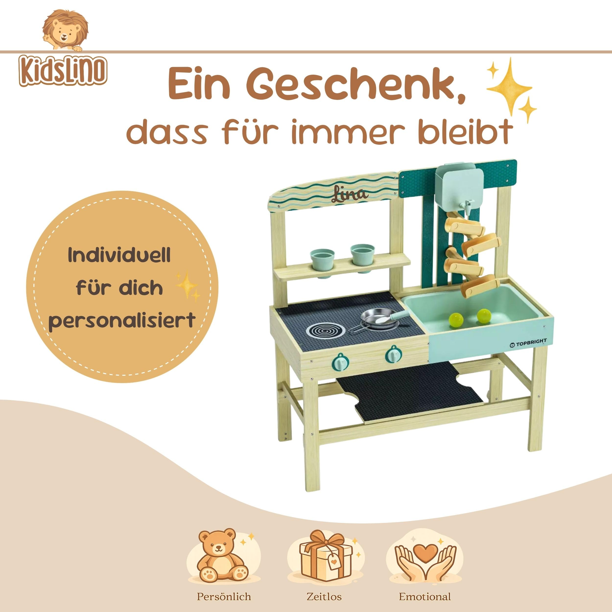 Cocina de juego personalizable para niños al aire libre con depósito de agua y accesorios de madera – Juguete de jardín para niños a partir de 3 años, juguete de exterior con pista de agua, accesorios