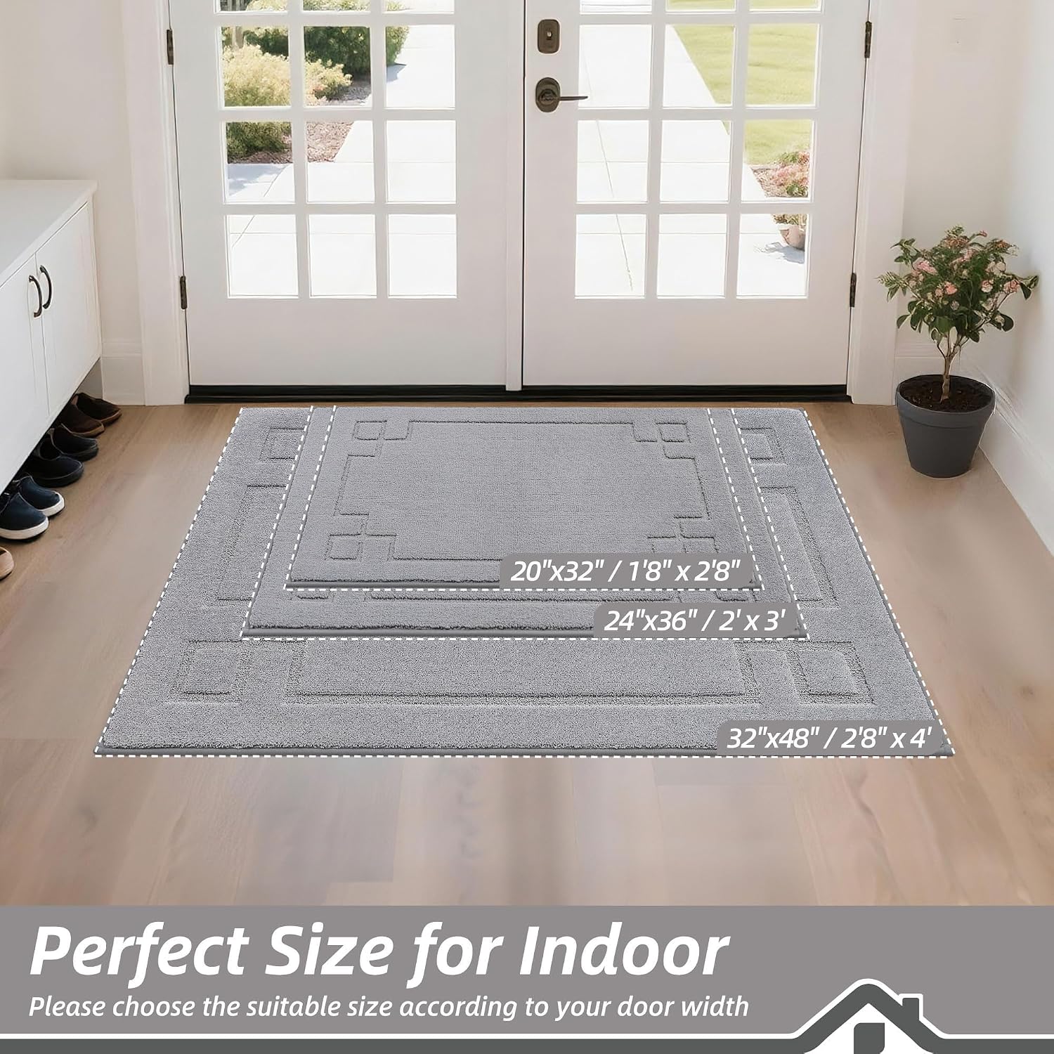 BEQHAUSE Door Mat 32" x 48", Non-Slip Door Mats Indoor Entryway Rugs Washable Low-Profile Absorbent and Stain Resist Floor Mats, Dog Door Mat for Front Back Door, Mud Wet Shoes & Paws, Light Grey