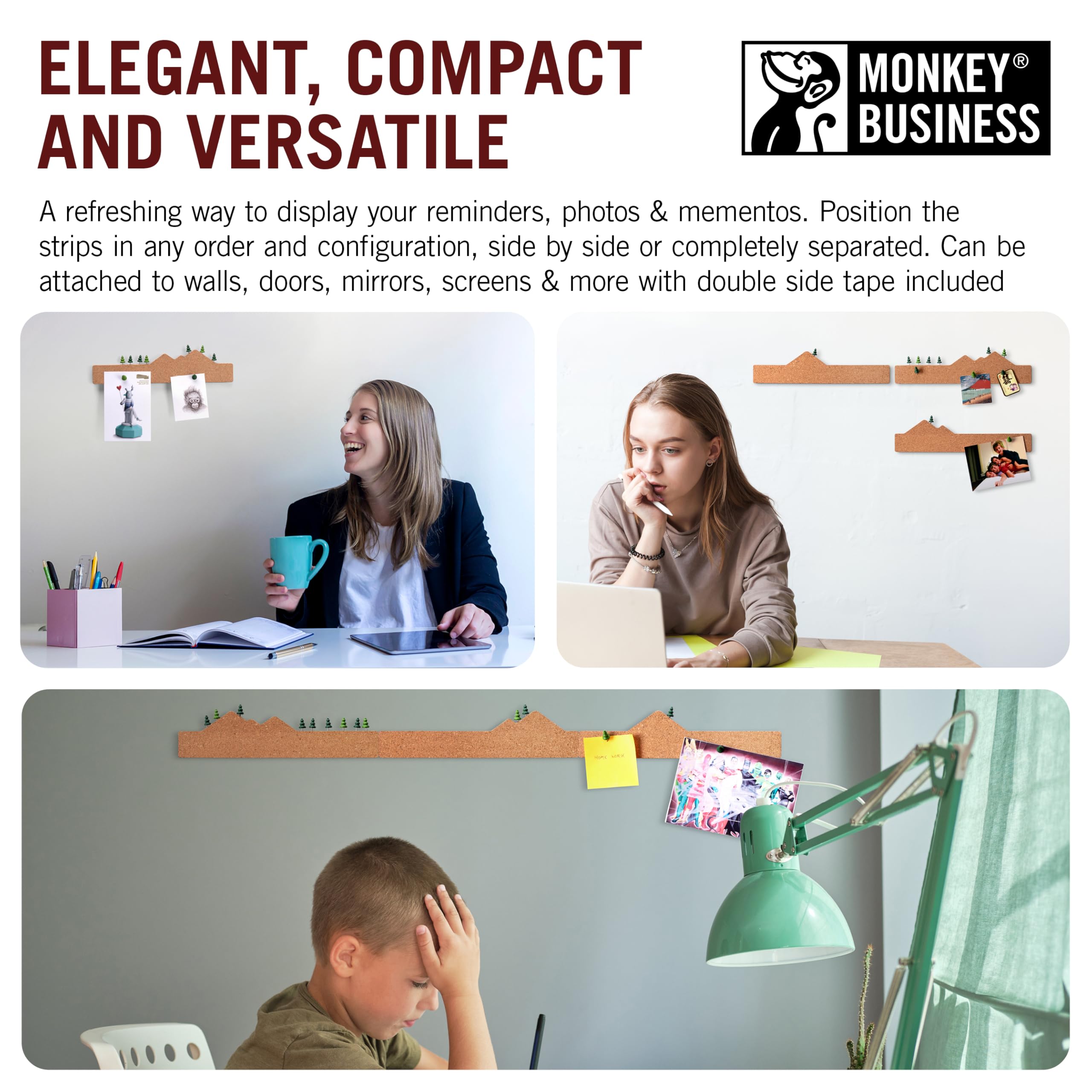 Monkey Business Memo Mountain 3 Cork Board Strips, Corkboard Pin Boards with Mountain Scene Pushpins, Office Accessories - Image 3