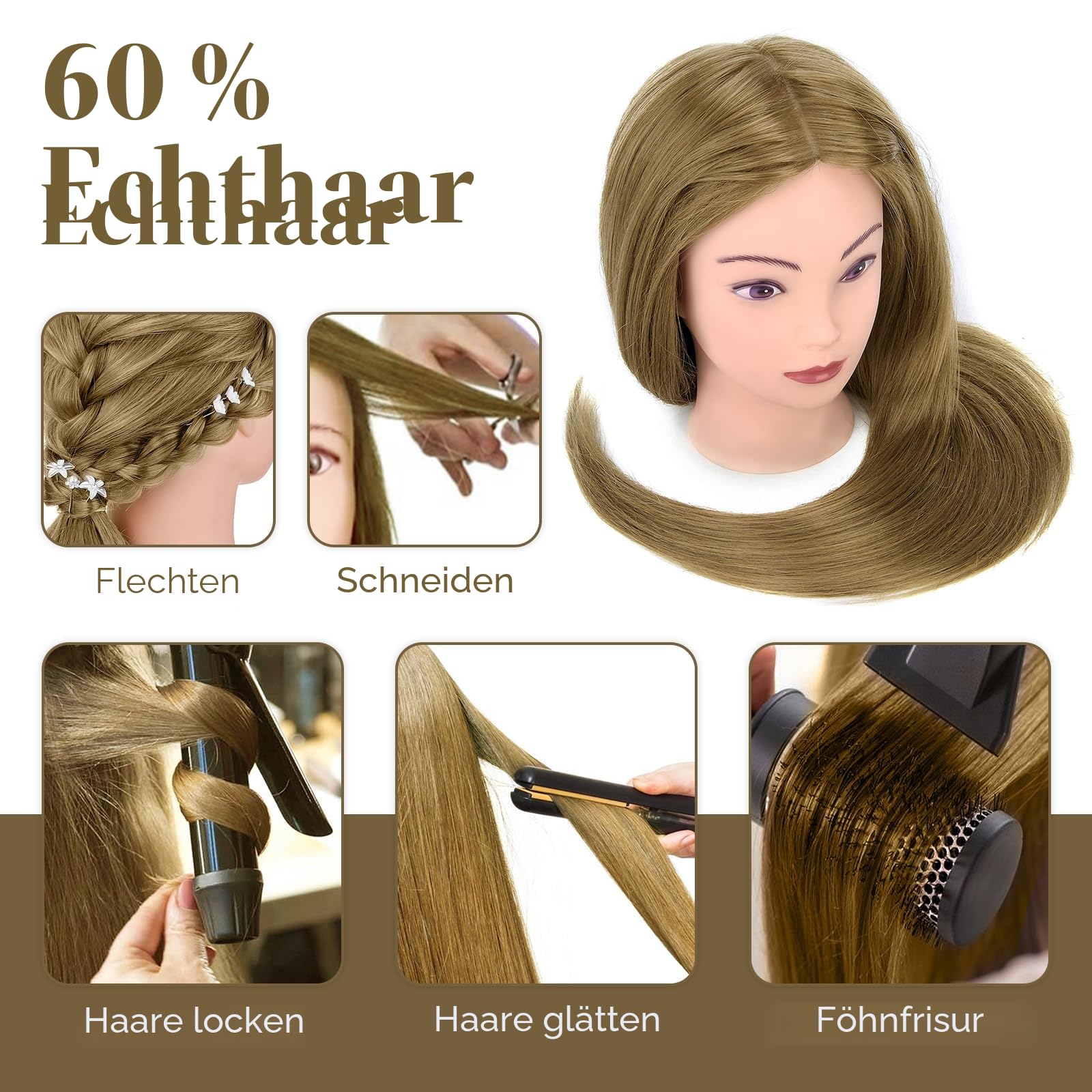 Neverland Beauty Frisierkopf mit Übungskopf ständer,71cm 60% Frisierkopf Echthaar,Puppenkopf zum Frisieren,Trainingsköpfe für Friseure Ausbildung Kopf Mit Halter + DIY Haare Set(Blond)