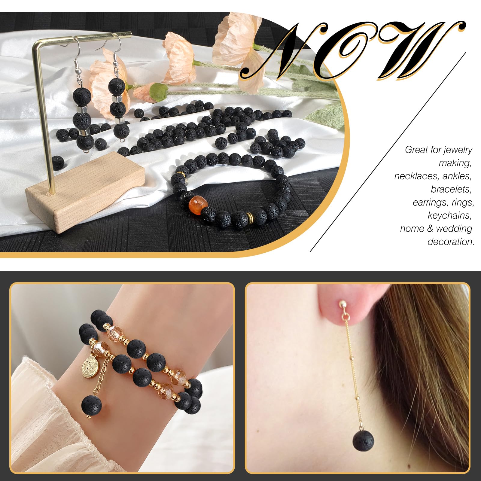 Schwarze Lavaperlen 420 Stück - Naturstein Perlen 4mm 6mm 8mm Mix