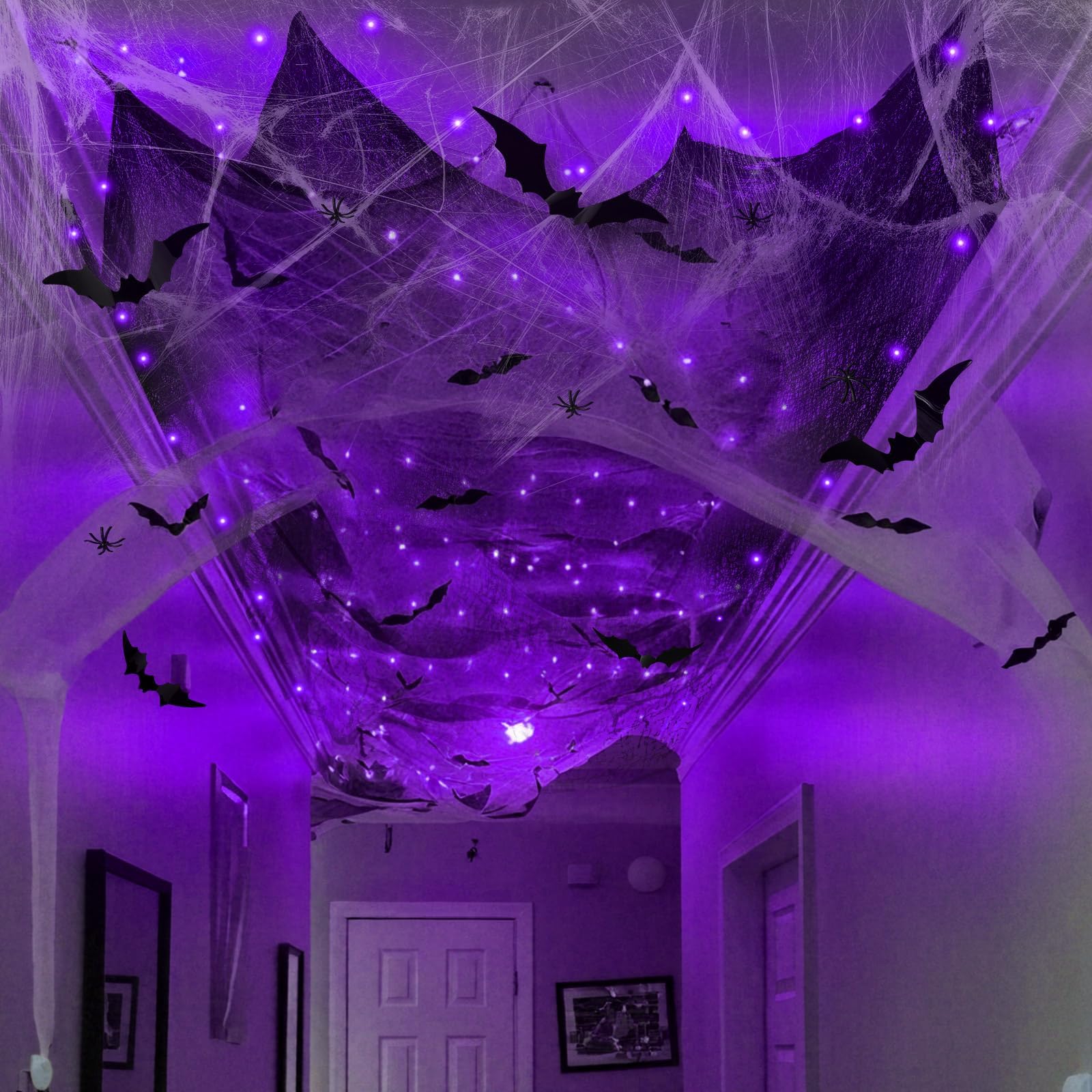Jetec Halloween Spider Web Decorations with 32FT String Lights, Halloween Black Creepy Cloth, 300 sqft Webs, 60 Fake Bats and 20 Spiders for Indoor Outdoor Yard Doorways Entryways Decor(Purple Light)