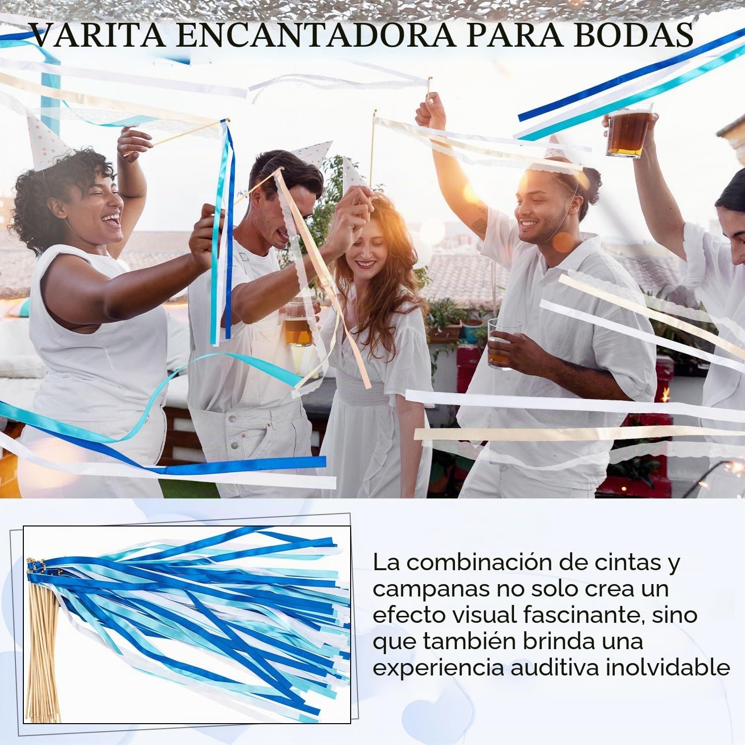 Lote de 50 palillos de boda, palillos de boda, planos de mesa, pancartas de boda con grandes campanas y cintas de boda, varillas mágicas, de hada de seda para bodas (azul)