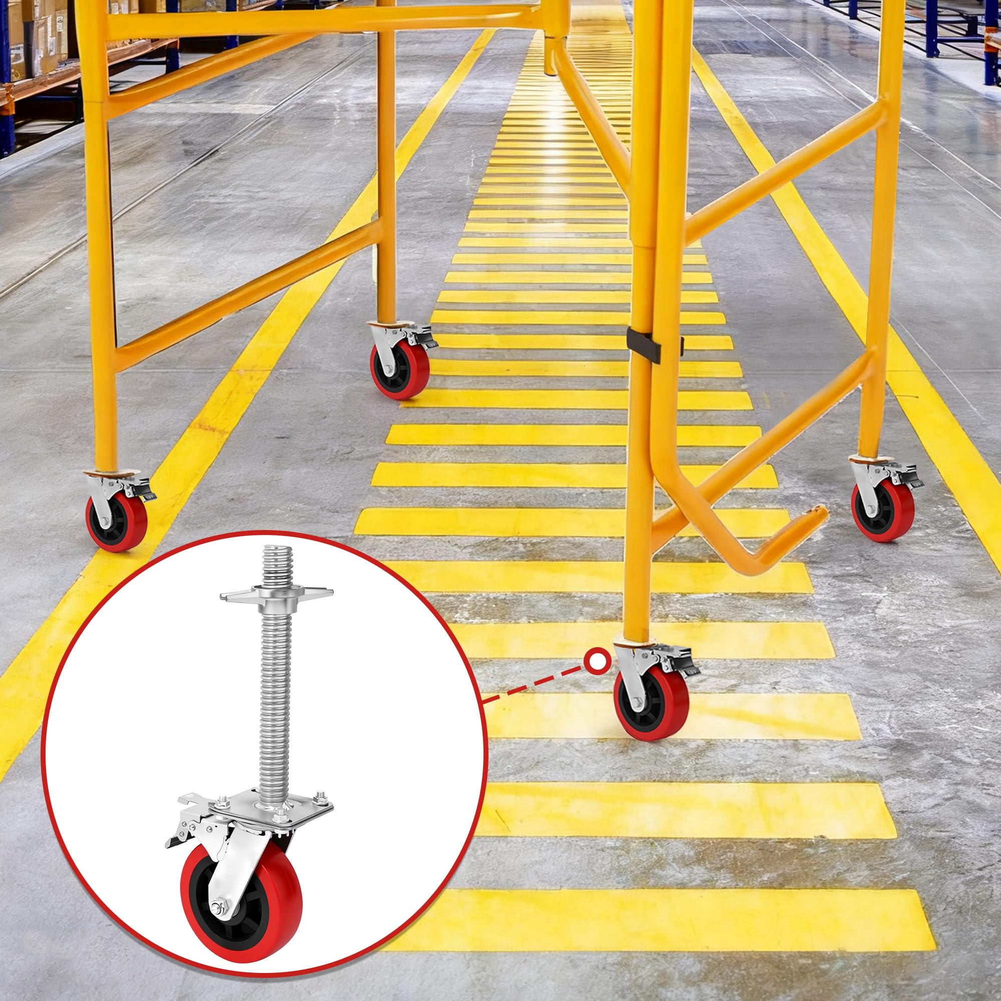 Juego de 4 ruedas para andamios de 6 pulgadas con husillo de acero, ruedas de 150 mm, husillo de andamio, diámetro de 30 mm, ruedas giratorias de 500 kg para andamios