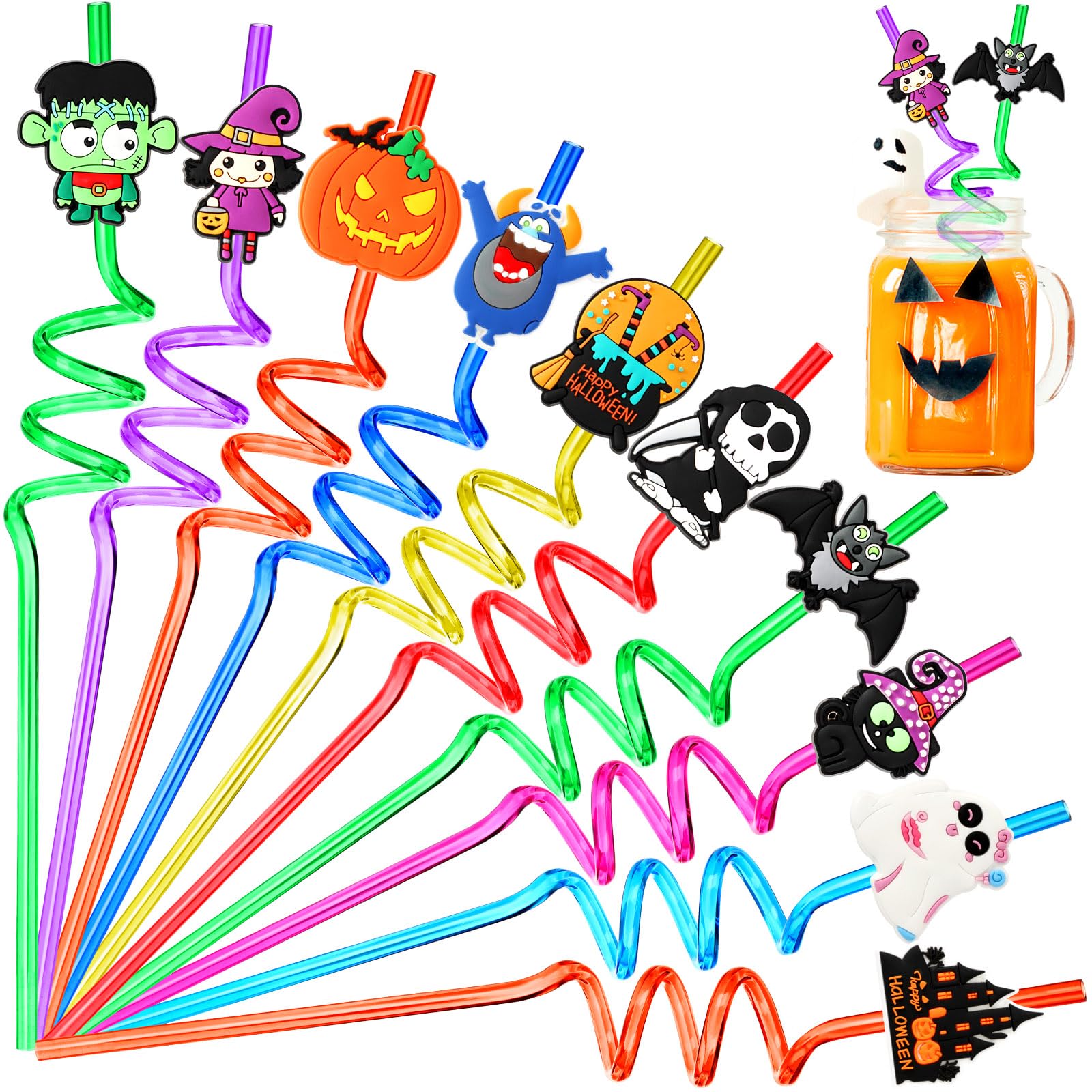 Halloween Straws, 20 Pcs JANYUN Reusable Plastic Crazy Straws Halloween Party Favors for Kids Cute Bats Pumpkin Cat Ghost Drinking Straws with 2 Cleaning Brush Halloween Party Supplies（10 Styles）