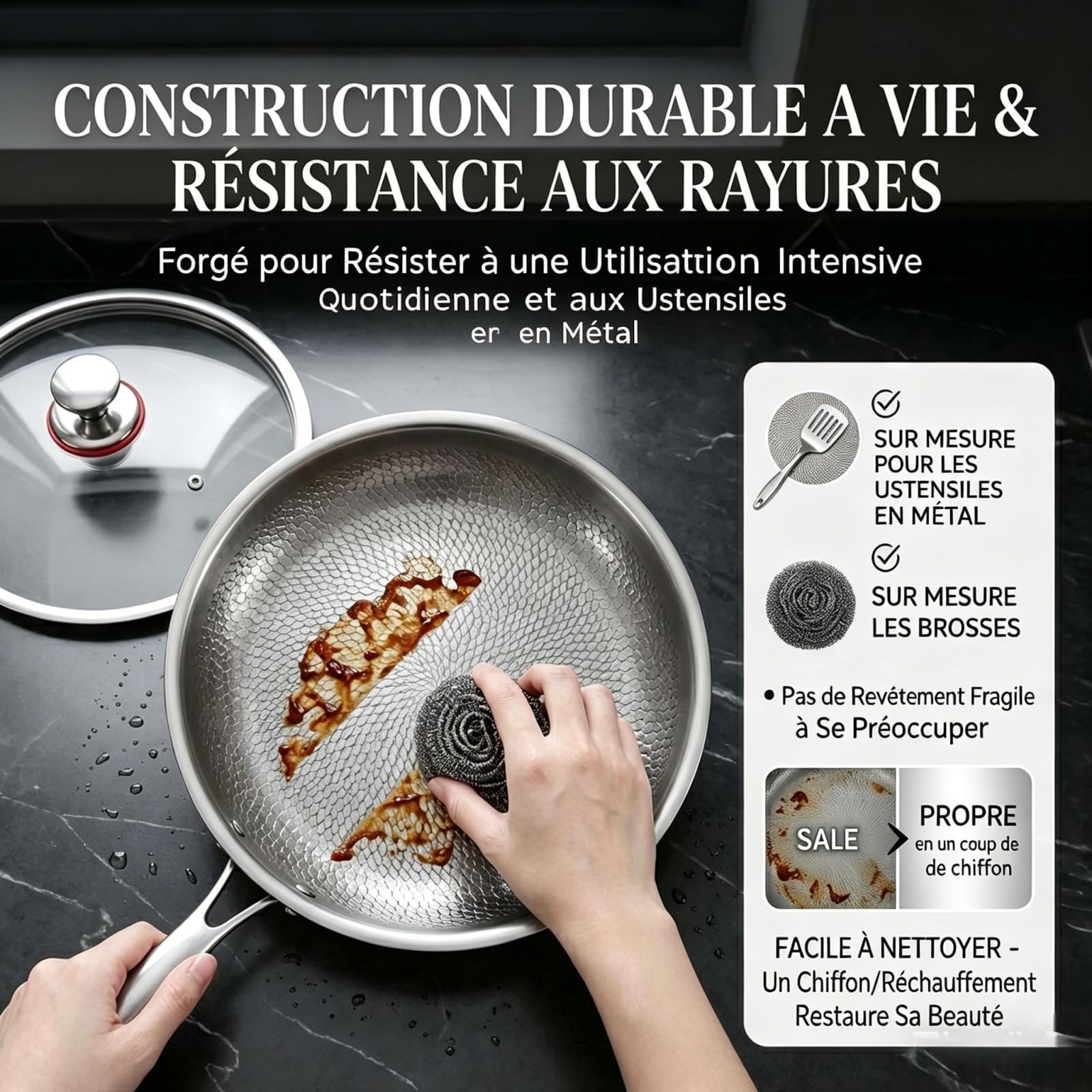 Poele Titanex,2026 Neu PoêLe Titane Pur Avec couvercle, 26/28/30 AntiadhéSive, Compatible Induction & Tous Feux, Surface MarteléE RéSistante Aux Rayures，30cm