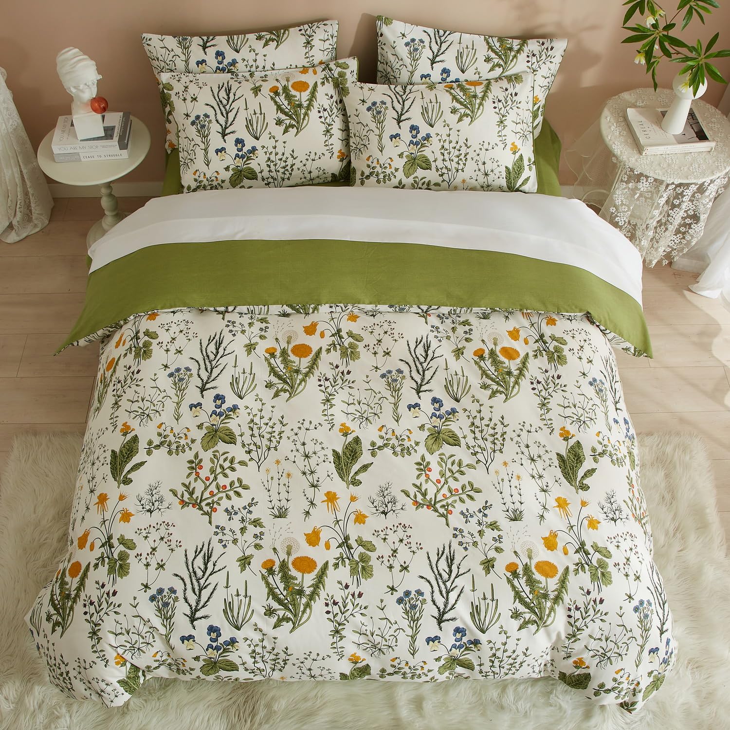 Freyamy Housse de Couette 240x260cm Beige Feuilles Floral Fleurie Parure de lit 2 Personne Ado Adultes en Microfibre avec Fermeture Éclair Réversible Linge de Lit avec 2 Taie d'oreiller 65 x 65cm