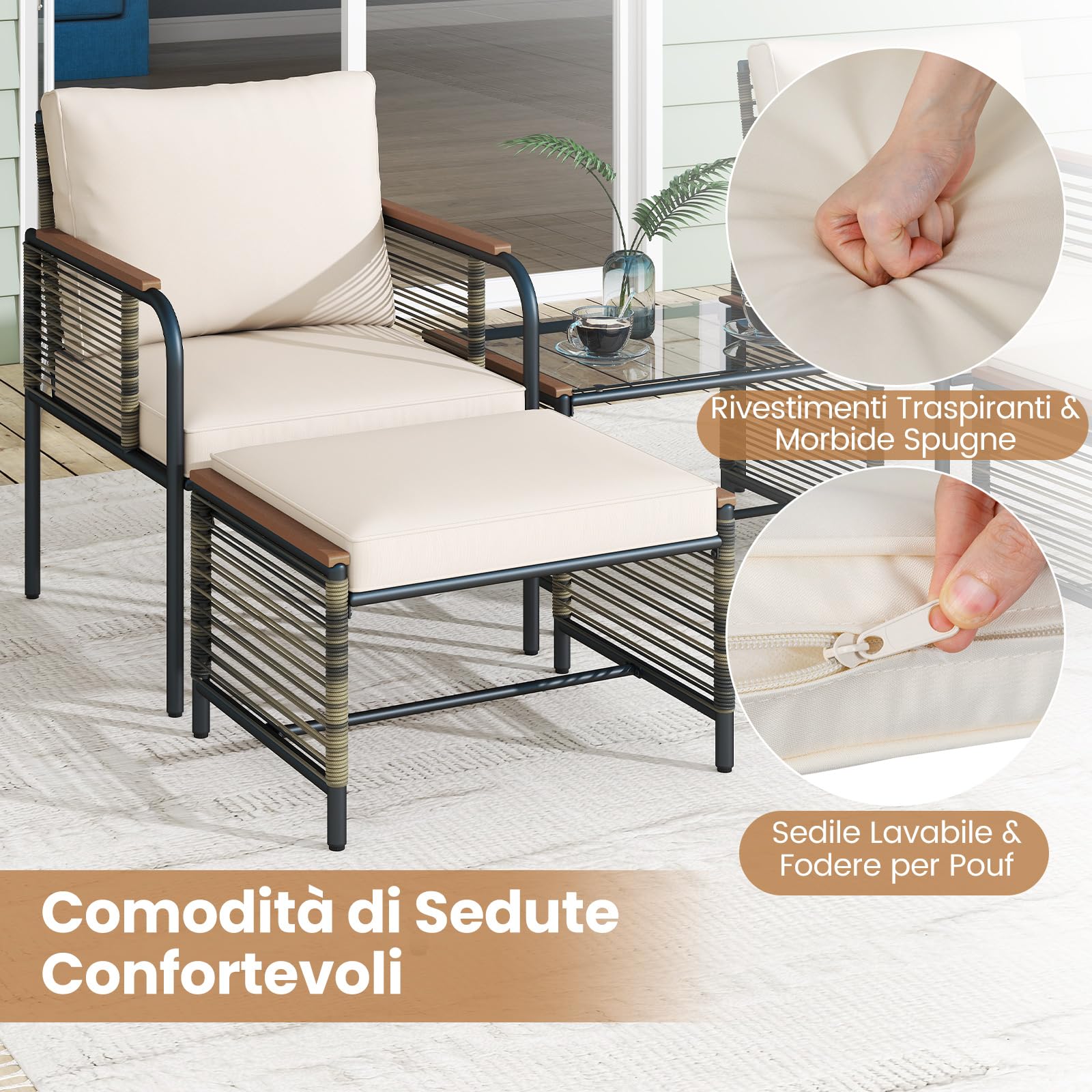 COSTWAY Set Conversazione da Esterno 5 Pezzi con Cuscini, Sedie in Rattan con 2 Pouf e Tavolino da Caffè in Vetro Temperato, Set di Mobili da Esterno per Balcone, Veranda, Terrazza e Giardino (Beige)