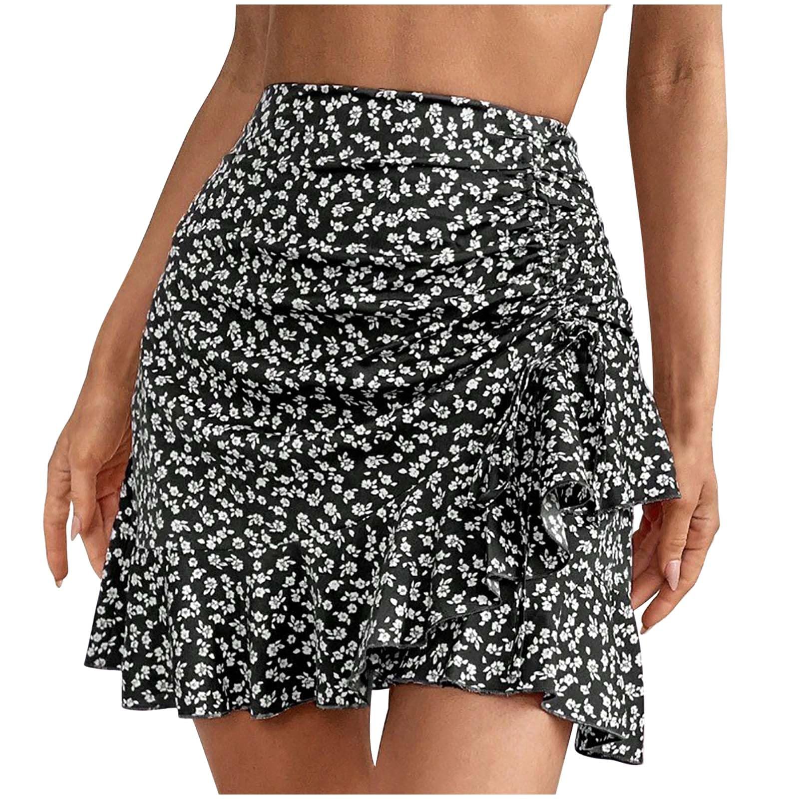 Womens Ditsy Floral Print Ruffle Hem Mini Hip Skirts Drawstring Side Ruched Bodycon Mini Skirt Casual Y2k Skirt