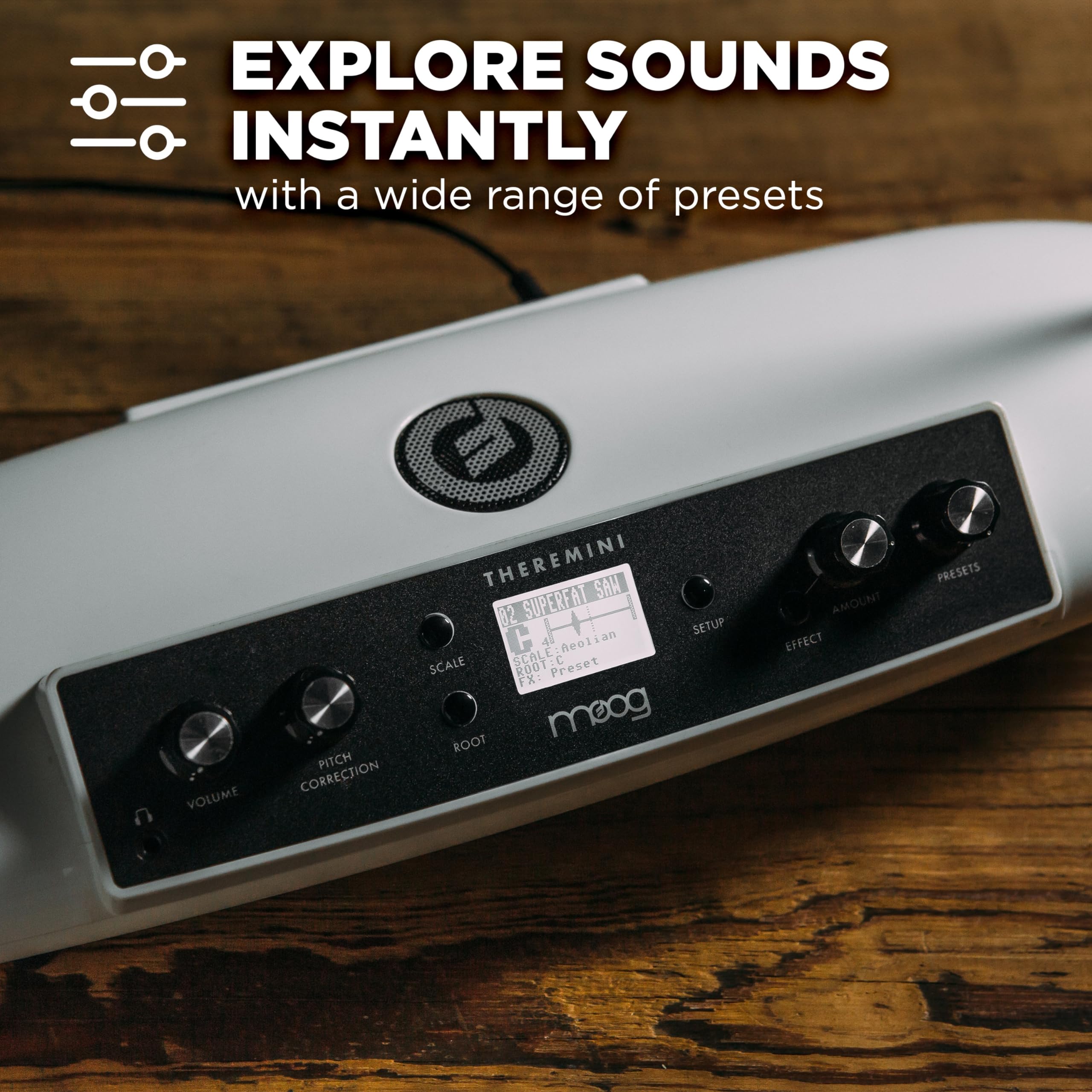 MOOG Theremini - Theremin z Korekcją Wysokości Dźwięku, Wyjściem CV, Tunerem i Głośnikiem, Silnikiem AniMOOG z 32 Presetami i Ekranem LCD