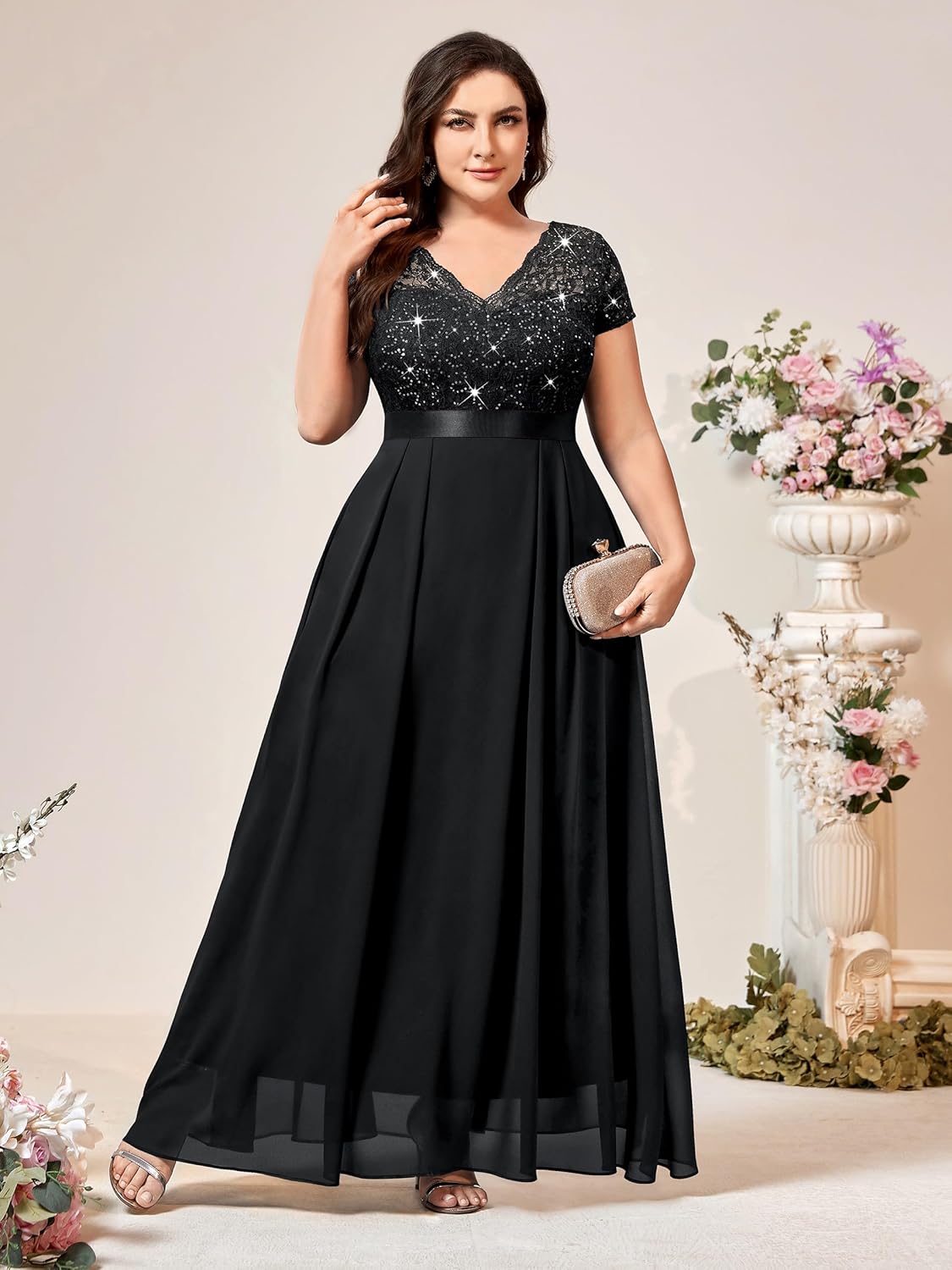 Miusol Women's Plus Size Sequin Floral Lace V Neck Formal Party Evening Gown Chiffon Maxi Dress - Image 3