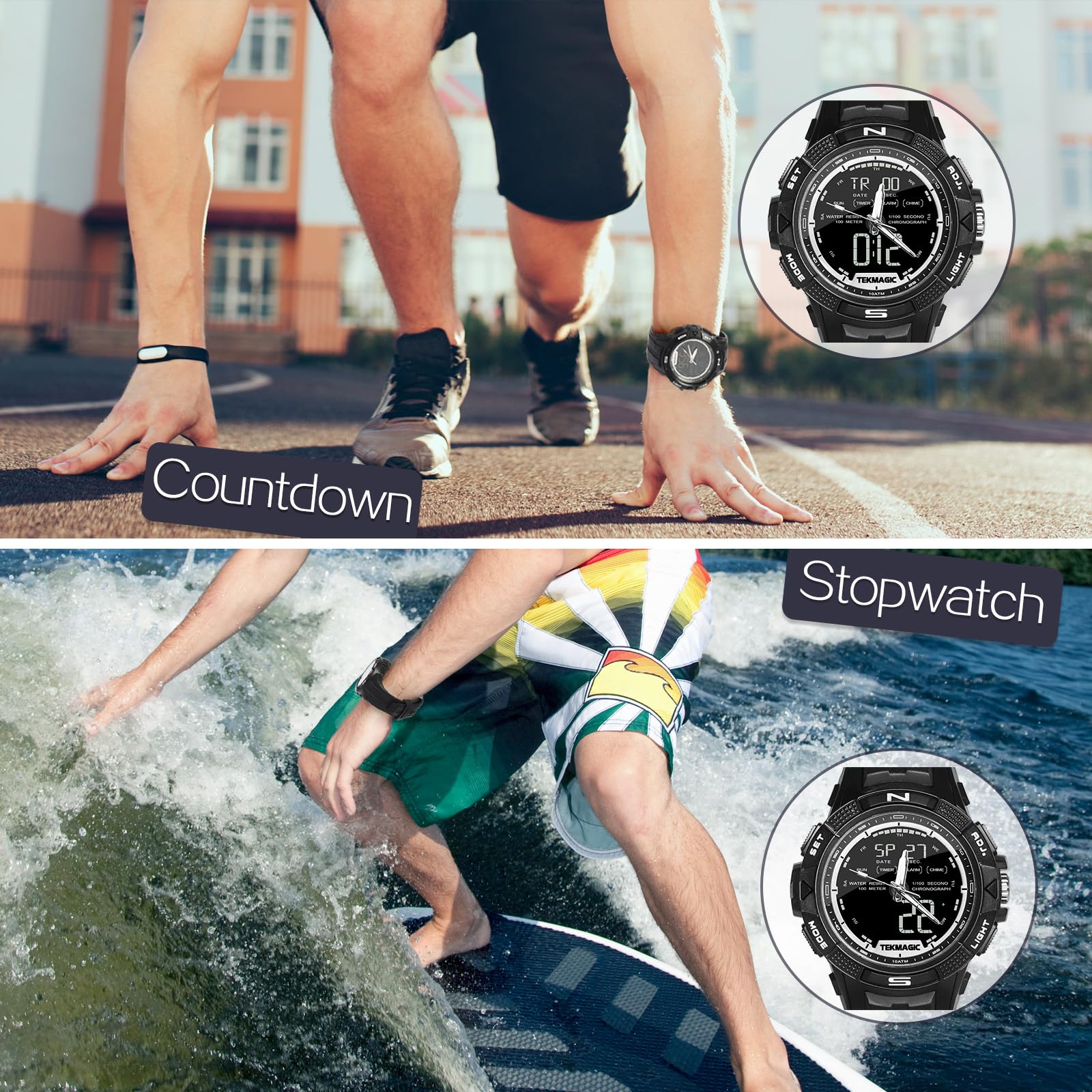 Genérico Reloj Pulsera Hombre Sumergible 100 Metros para Buceo y Nadar con Despertador, Cronometro, Hora Dual Calendario, Temporizador, Formato de 12 o 24 Horas, Visualización Analogico y Digital