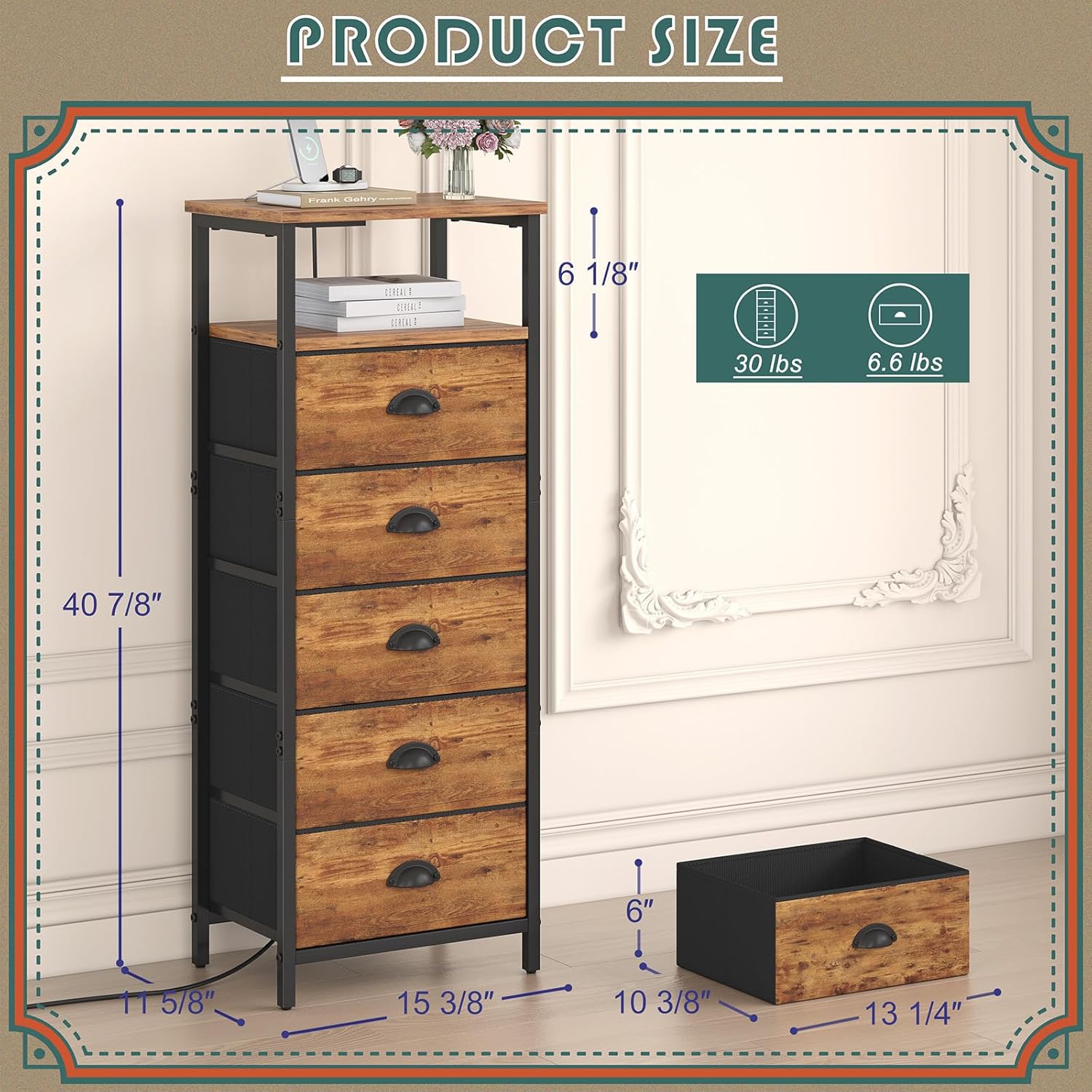 Nightstand with Charging Station,LED Night Stand with 5 Fabric Drawers, Bedside End Tables, 2-Tier Open Storage Shelf Side Table Nightstands with Drawers for Bedroom,Rustic Brown - Image 3