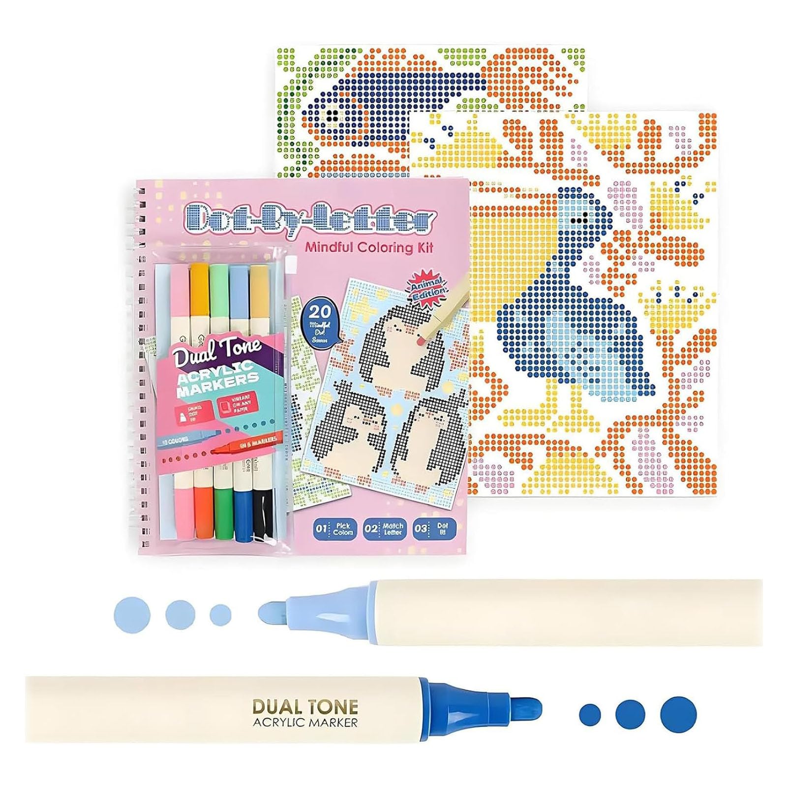 Dot-by-Letter Mindful Coloring Kit, 20 Hidden Scenes with 10 Markers (#A)