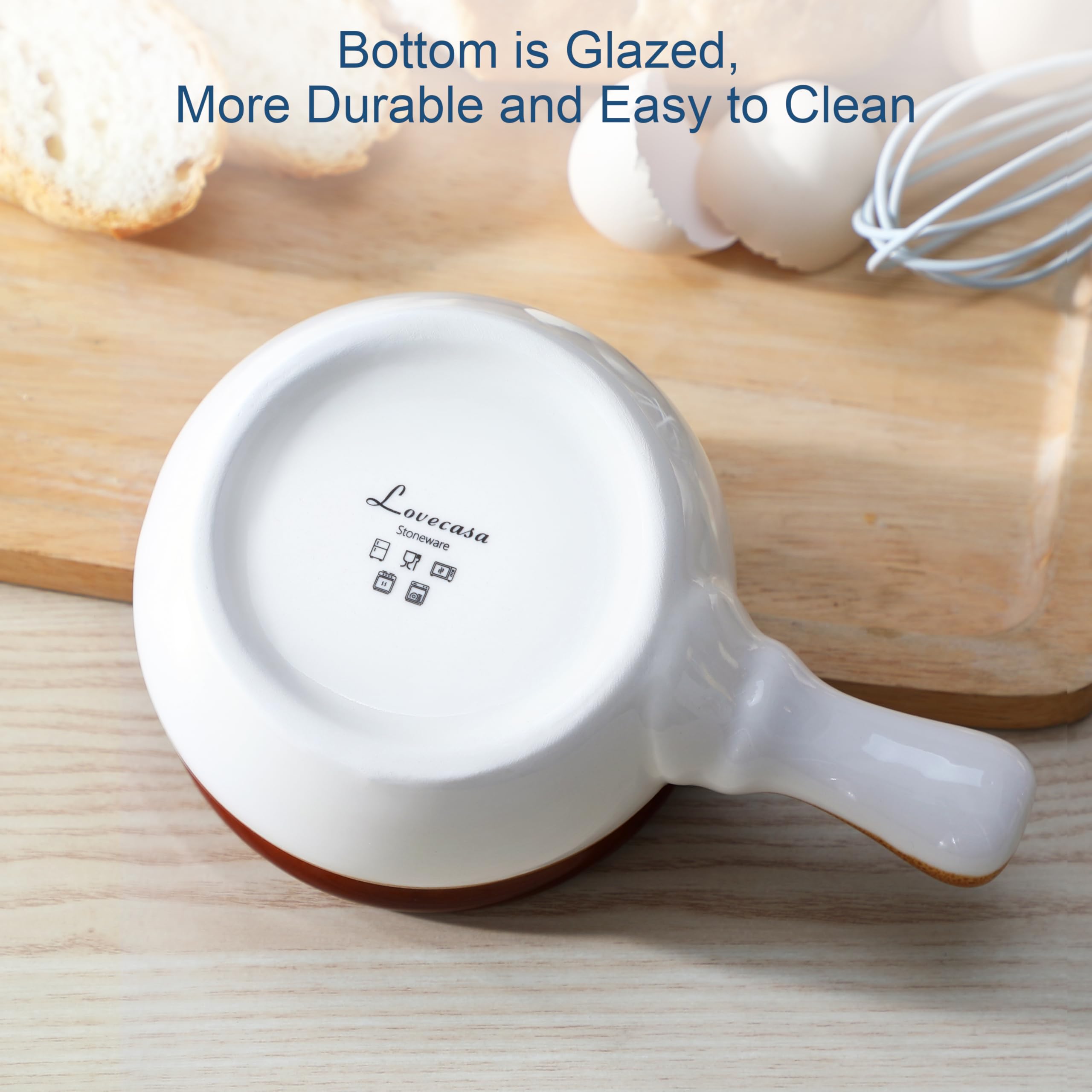 LOVECASA Französische Zwiebel, French Onion Soup Crocks, 4 Stück Steingut Zwiebelsuppe Schalen Set, 480ml Soup Bowls with Handles Soup Bowls with Lids for Soup für Zwiebelsuppe, Eintöpfe, Kasserollen