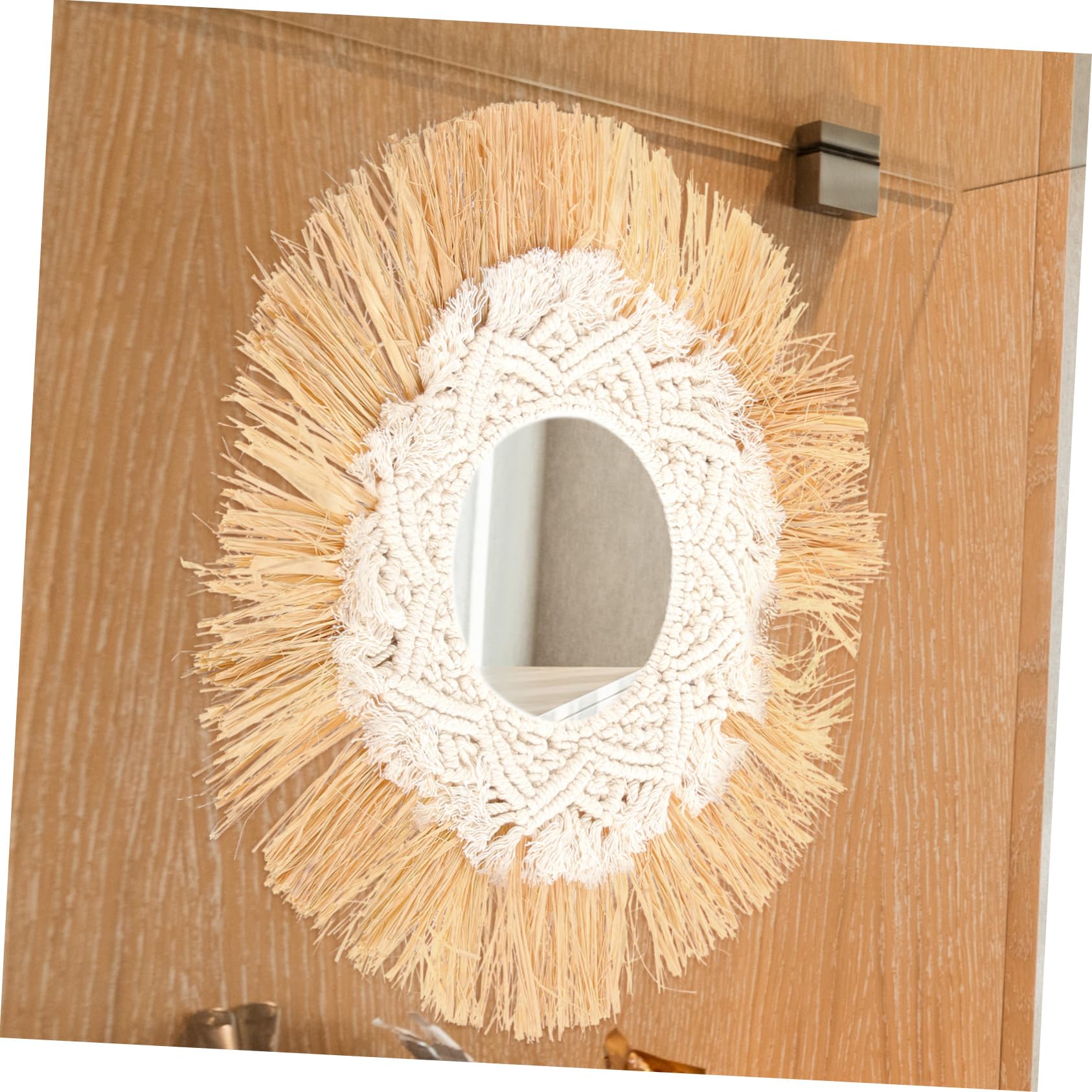 OUNONA Runder Hängespiegel im Boho Stil mit Raffia und Baumwollseil