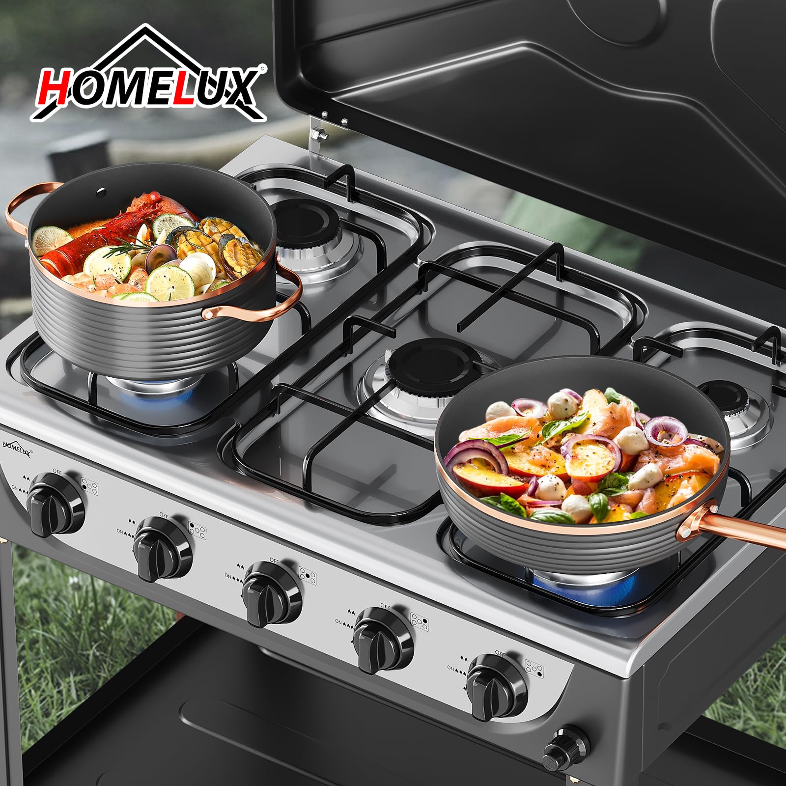 HOMELUX 7,2 KW Gaskocher Campingkocher 5 Flammig mit 1,5M Anschlussschlauch Druckminderer 50 mbar