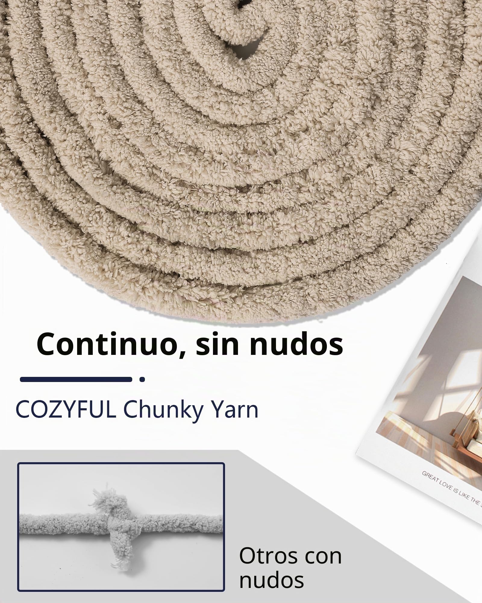 Cozyful Hilo grueso para tejer a mano, hilo grueso #9 para ganchillo, hilos de manta de punto súper grueso, hilos de felpilla gruesos grandes, paquete de 8 (32 yardas 8 onzas cada madeja), caqui