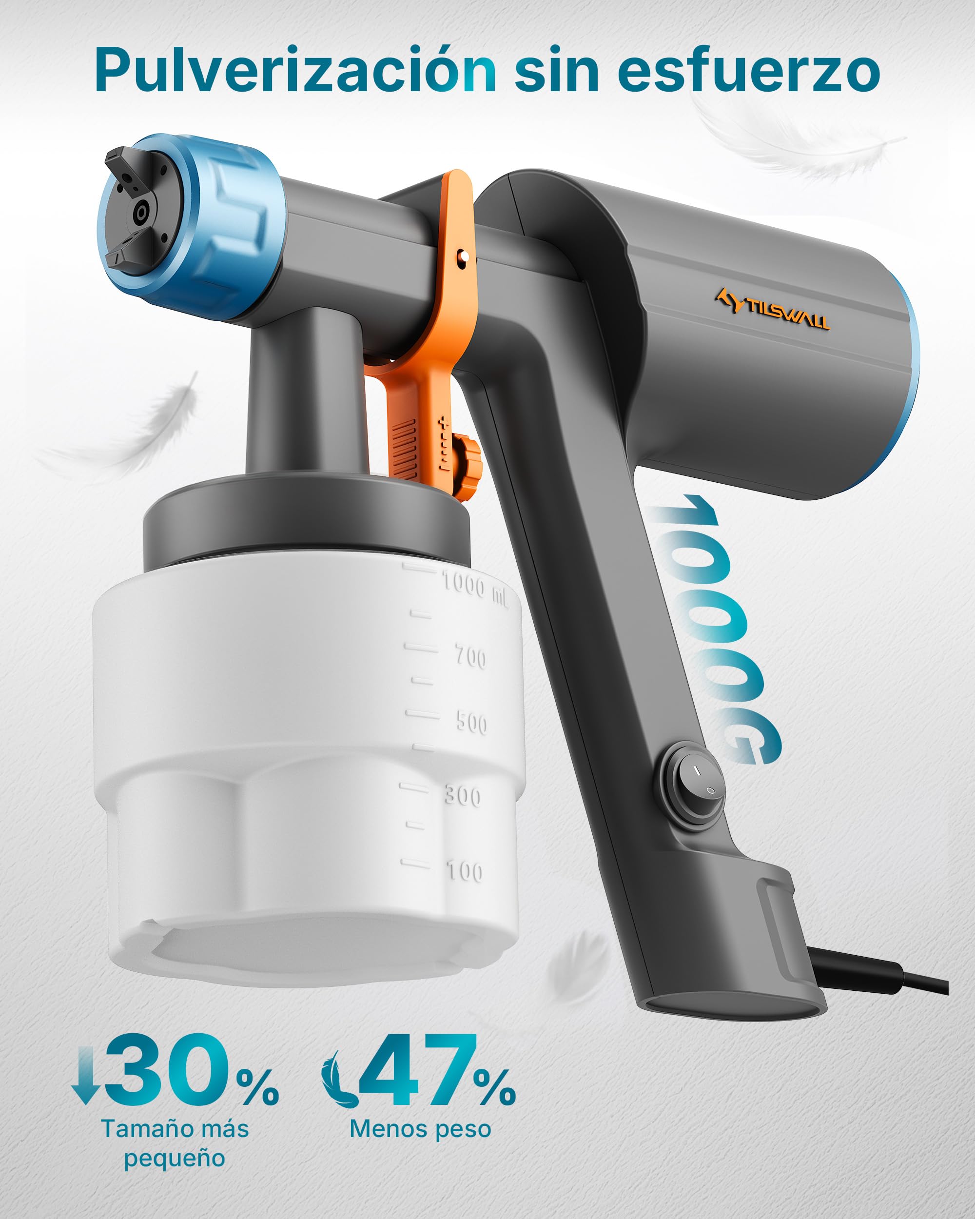 Tilswall Pistola de Pintura Eléctrica HVLP 600W, 1200 mL/min, 3 Boquillas y 3 Patrones, Fácil de Limpiar para Vallas, Cobertizos, Paredes, Techos, Muebles, Gabinetes, Jardín y DIY