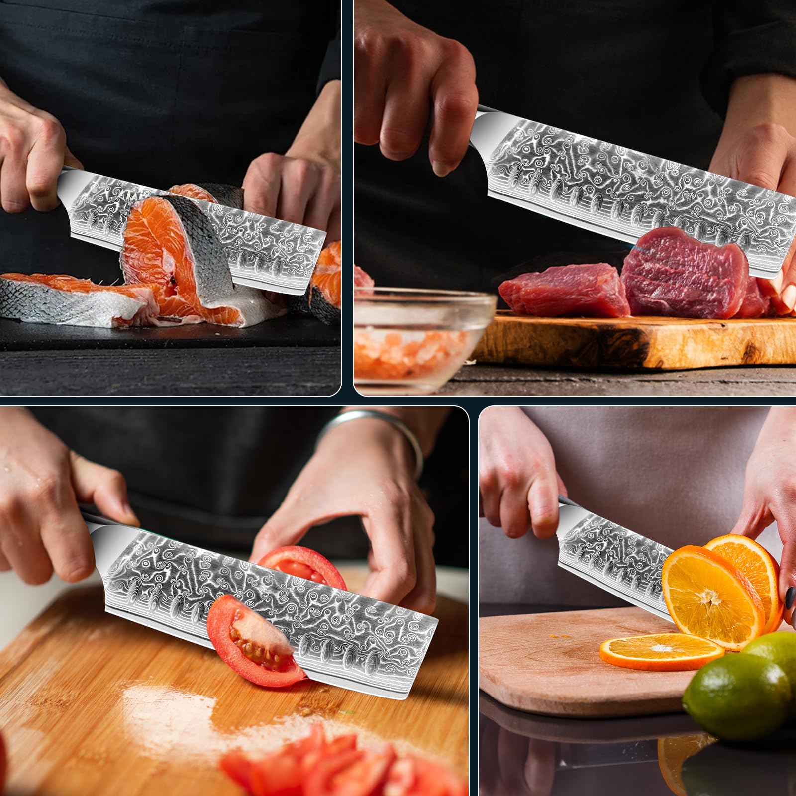 MOSFiATA Couteau Damassé Nakiri - 17,8 cm - Couteau de Chef - Acier Damassé - Tranchant comme un Rasoir - Protège-Doigts - Idéal pour la Cuisine