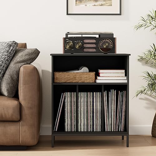 Miniatura 3 de Homhedy Soporte para tocadiscos con gabinete de almacenamiento de vinilo, soporte para discos grande, gabinete moderno para medios estéreo, mesa