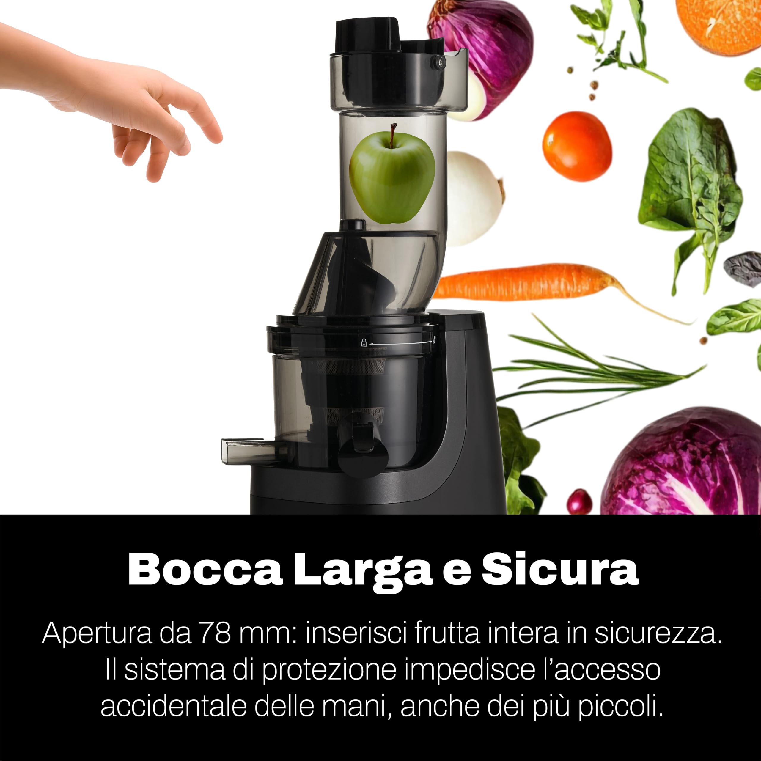 Classe Italy Estrattore di succo a Freddo VIVO Big Mouth 43 giri, Estrattore Frutta e Verdura con Filtro Succhi e Filtro SORBETTO, funzione risciacquo, Spremitura a Freddo, Motore a induzione