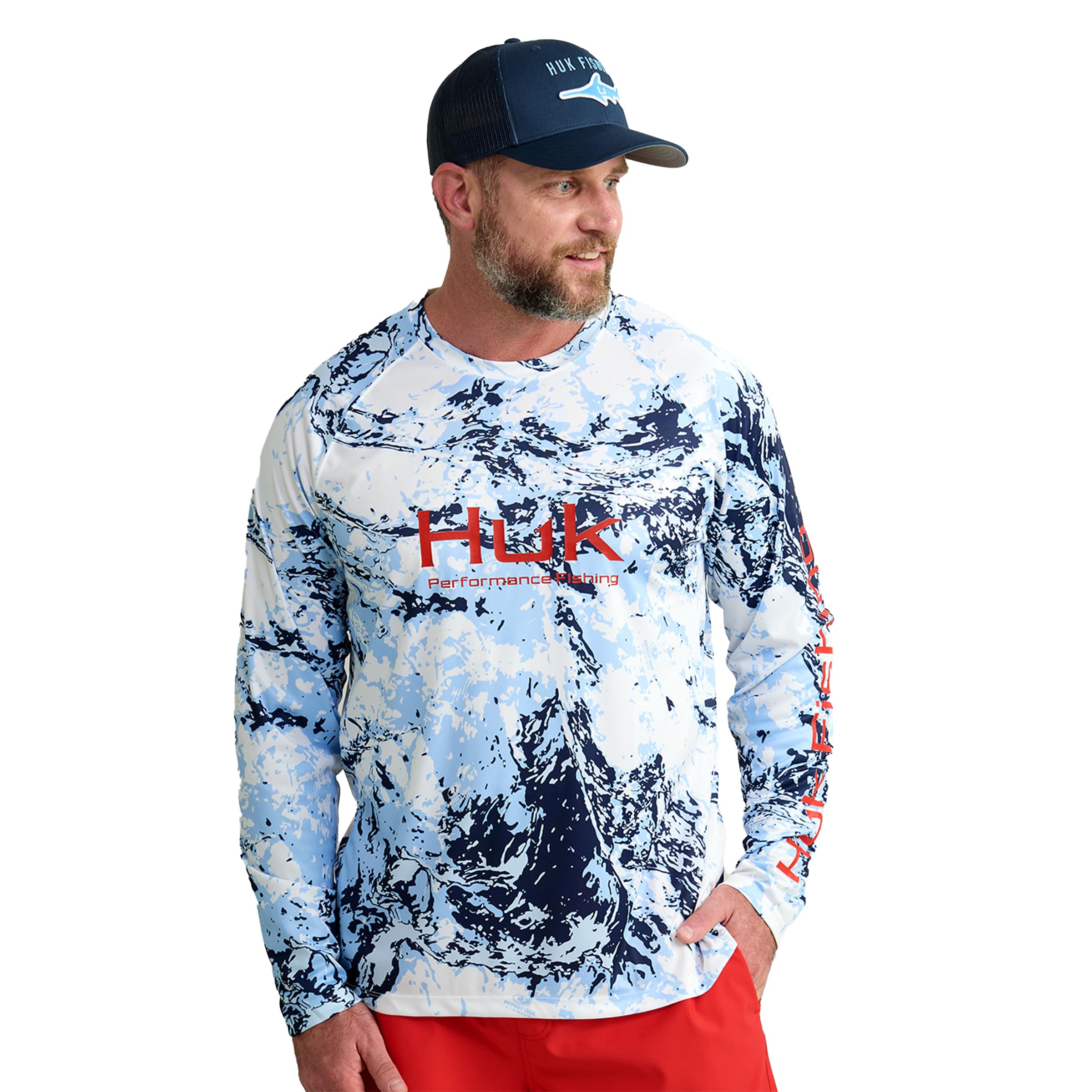 HUK Men's Standard Pursuit Pattern Crew Sleeve, Performance Shirt, Mossy Oak-Windsurfer