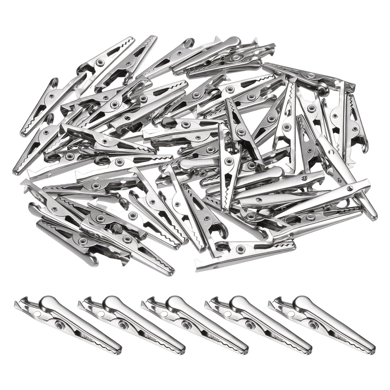 sourcing map 100pcs Alligator Clips 28mm Medium Steel Crocodile Clamps for Multimeter Laboratory Electric Battery Testing Cable Lead Clip, Silver