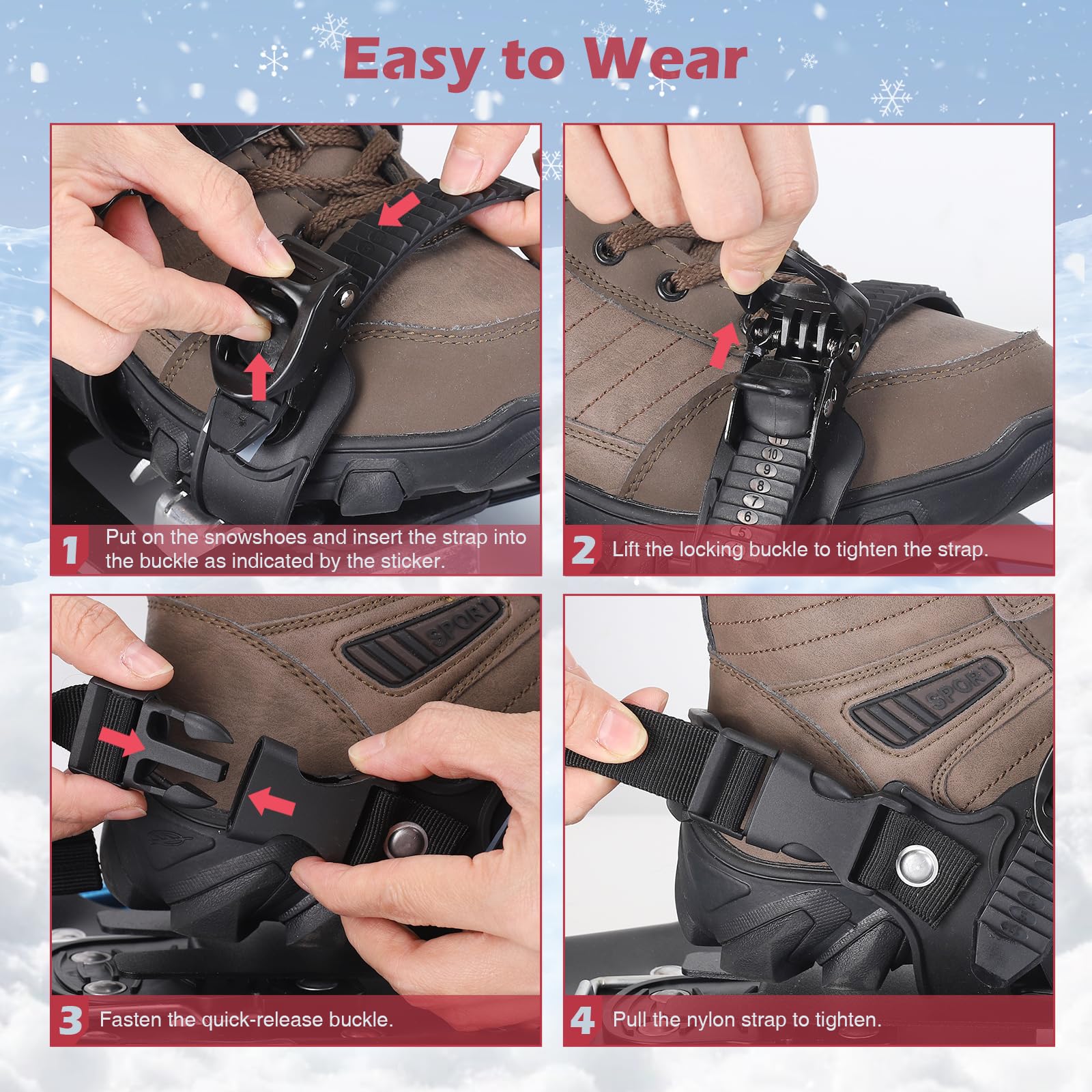 Kit de Raquettes à Neige 4 en 1 pour Hommes, Femmes et Jeunes, Raquettes en Aluminium Légères avec Bâtons Réglables, Guêtres Imperméables, Sac de Transport, Tailles 53cm/63cm/76cm