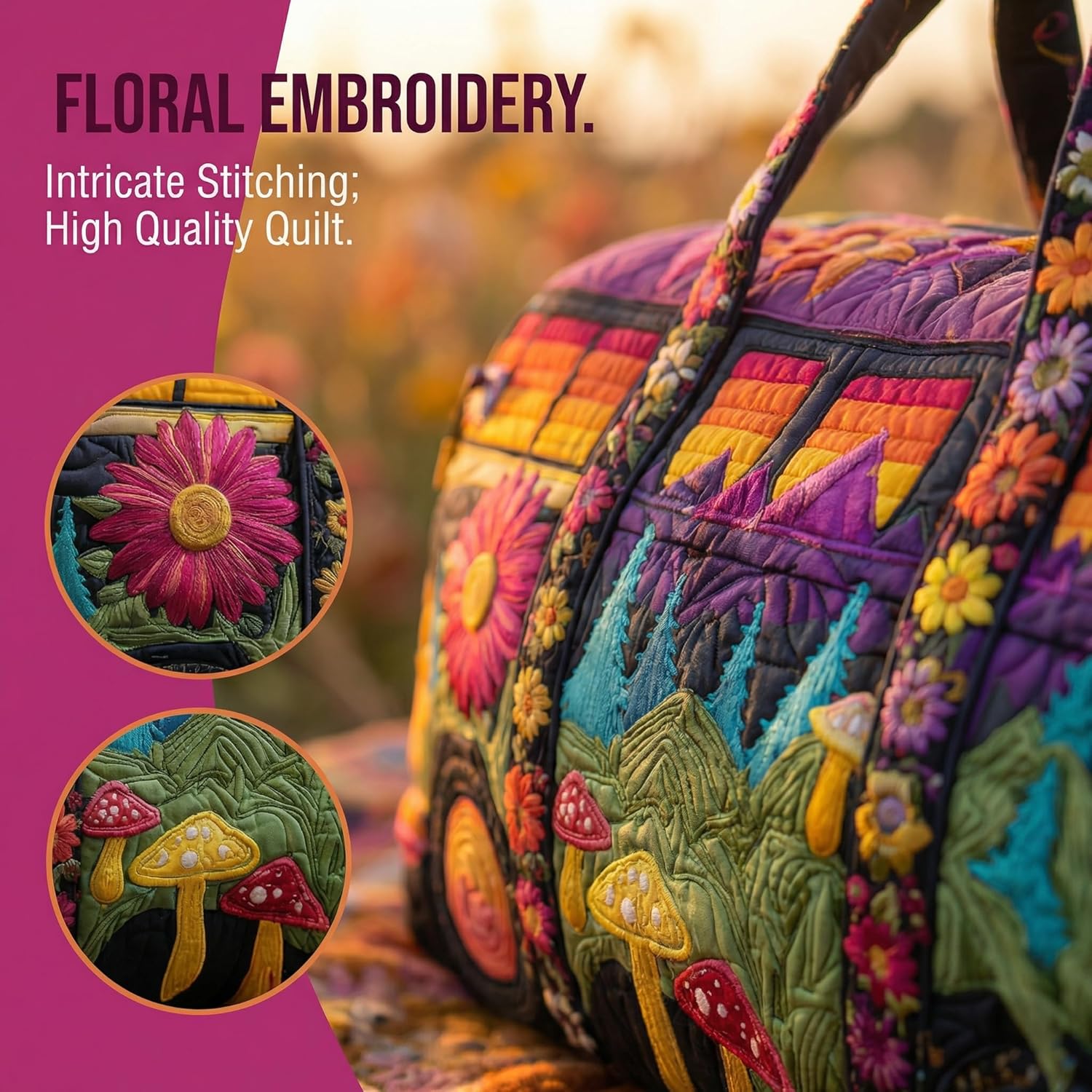 Hippie Journey Quilted Duffel Bag Vintage Floral Hippie Van Travel Duffle Bag Boho Travel Weekender Bags Overnight Luggage Bag Gym Tote (Style 9, Large (18" L x 9" W x 9" H))