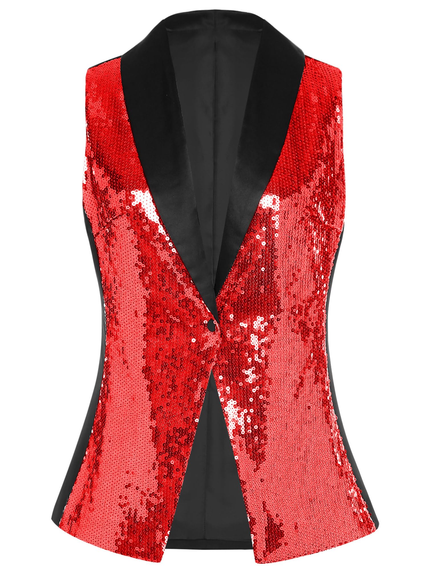 Womens Sparkly Sequins Vest V Neck Sleeveless Glitter Dressy Waistcoat One Button Outerwear