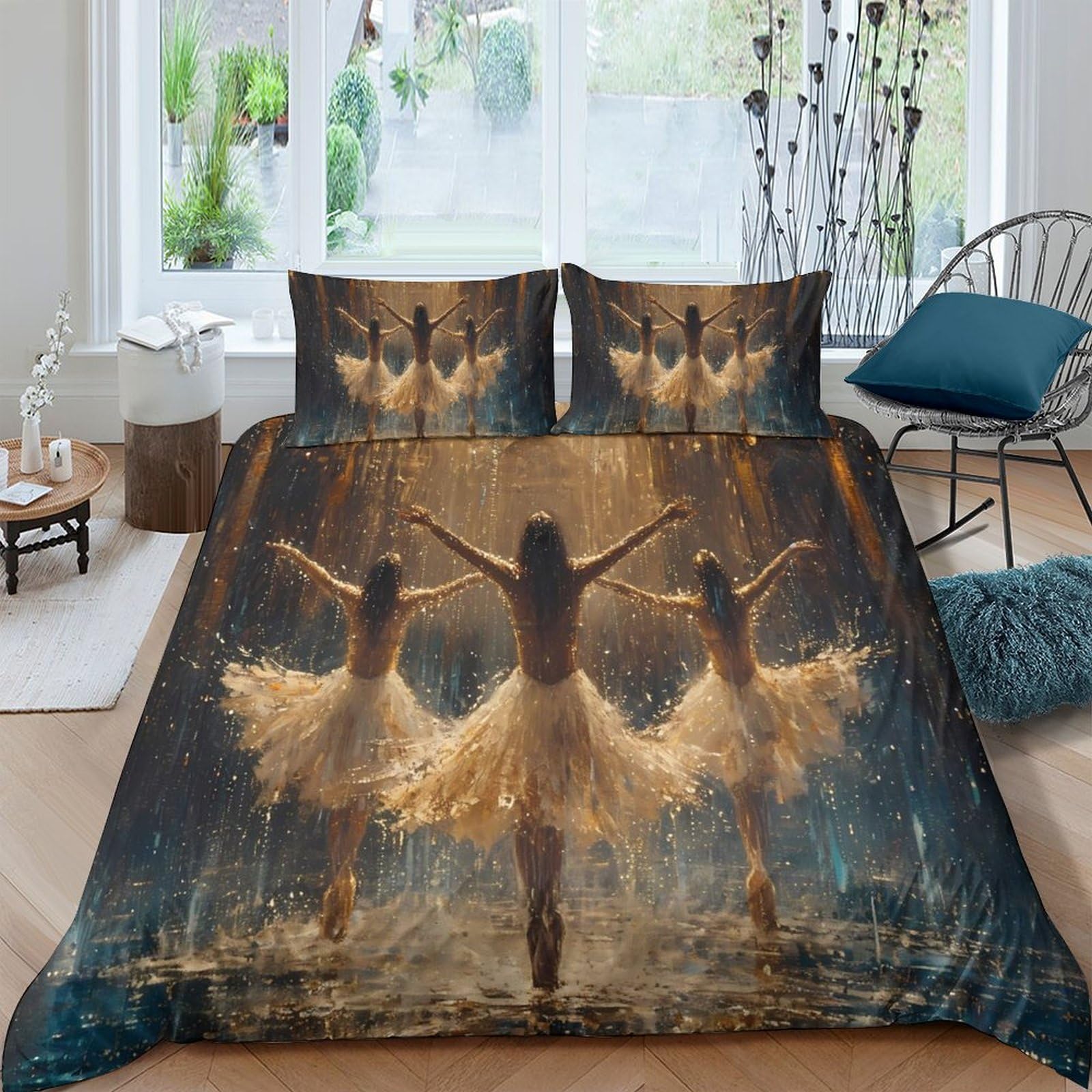 P5V6M1Q9 3D Printed Ballet Dancer Duvet Cover Microfiber Soft Breathable Golden Stage Bedding Set with 2 Pillowcases for Bedroom Decor Single（135x200cm）