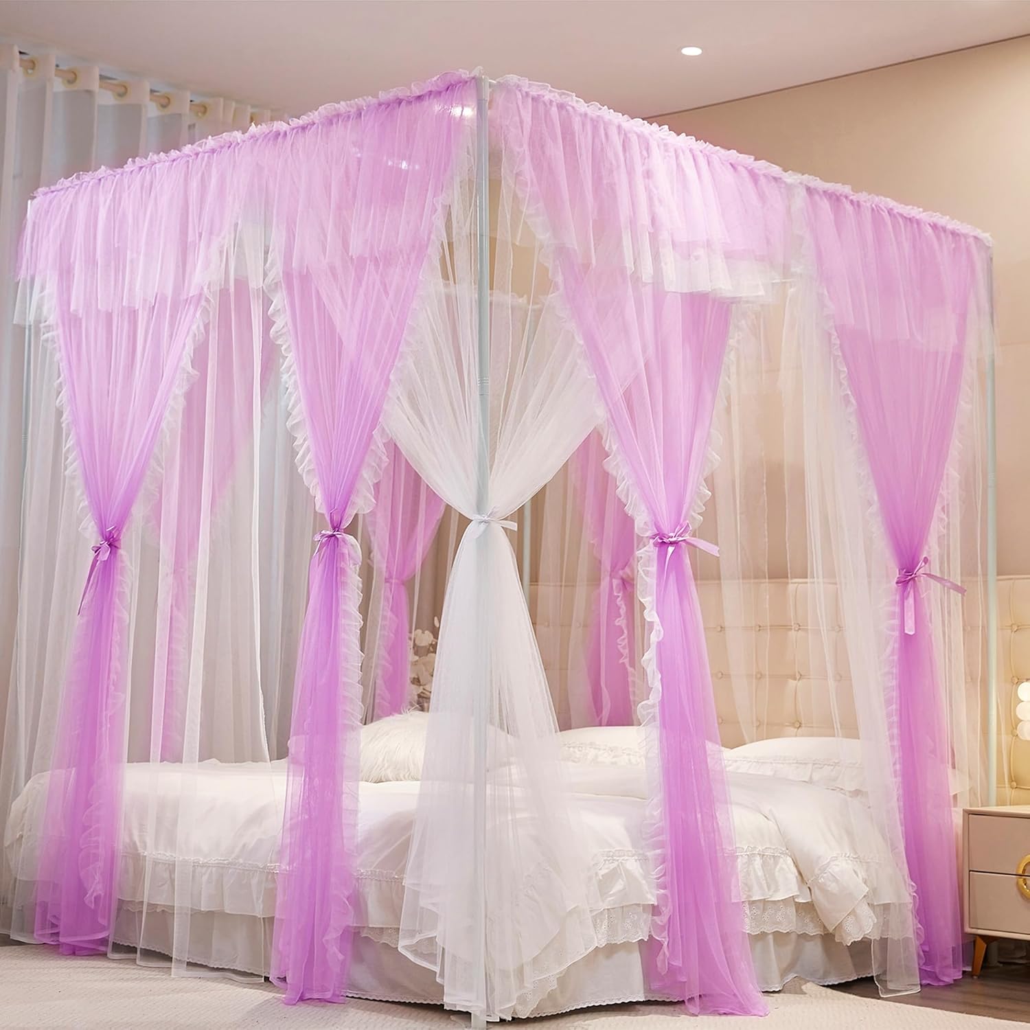 4 Corners Post Princess Curtains Bed Canopy for Girls 8 Panels Curtain- Double Layer Sheer Mesh Canopies Drapes Girls Room Decor (8P-Purple/White, 4P(33"x82") W+4P(43"x82") L/(Queen)) 8p-purple/White 4P(33"x82") W+4P(43"x82") L/(Queen)