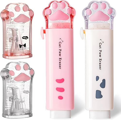 PANDENNER Juego de 4 artículos de papelería lindos, suministros escolares kawaii, incluye 2 borradores retráctiles y 2 sacapuntas, para suministros