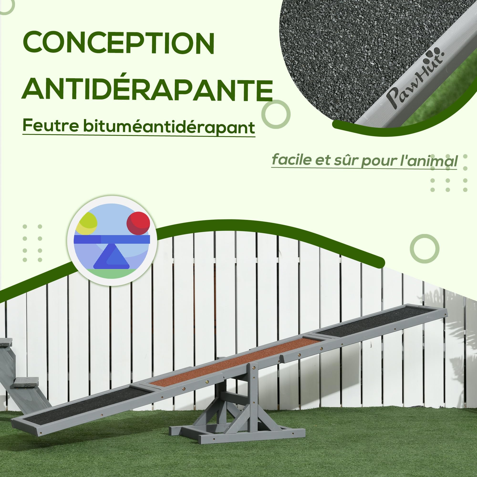 PawHut Agility Sport pour Chien Bascule - Bascule pour Chien - équipement Entrainement Chien - Bois pré-huilé Feutre bitumé antidérapant Gris Noir