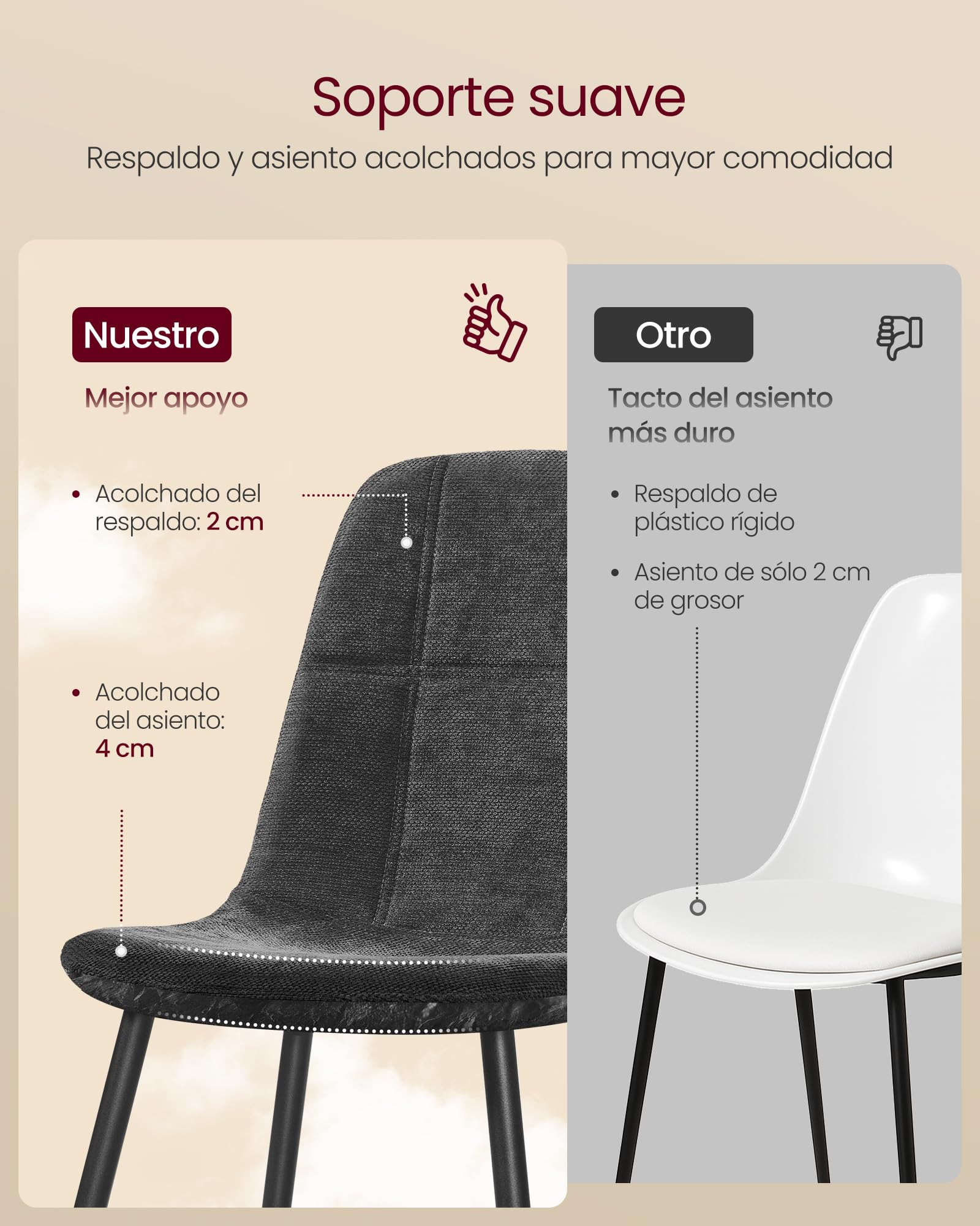 VASAGLE Sillas de Comedor, Juego de 2, Soporte de Metal, Pies Ajustables, Fácil Limpieza, Sillas de Cocina, Tejido de Chenilla, PU con Textura Brillante, Gris Pizarra KDC187G01 — view 6