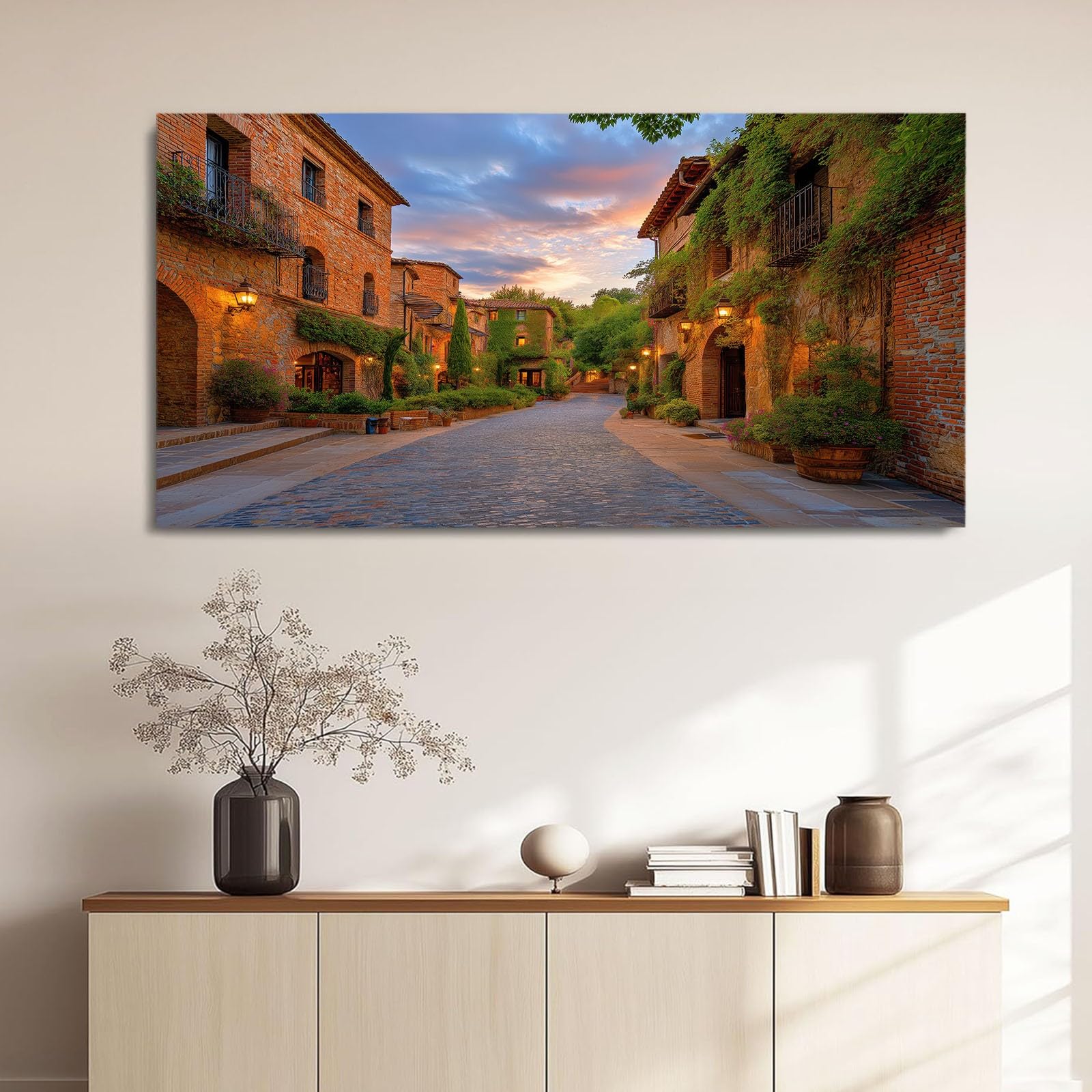 Générique Stampa su tela con cornice in stile country – Quadro dipinto 100 x 70 cm marrone città vicolo casa – Quadro poster decorazione da parete per soggiorno, camera da letto, bagno e ufficio