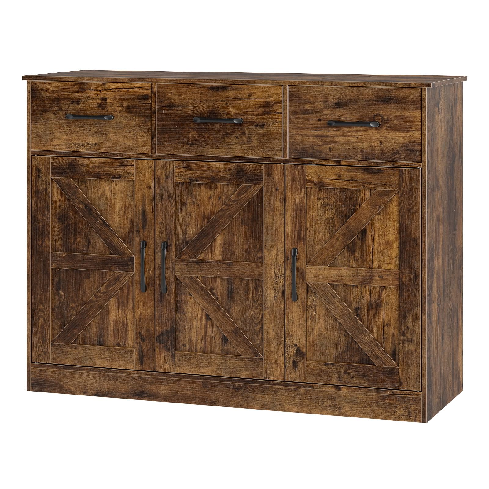 COSTWAY Sideboard Storage Cabinet, Large Kitchen Cupboard with Adjustable Shelf, Drawers and Doors, Wooden Buffet Cabinet Unit for Dining Living Room (108 x 38 x 81cm with Barn Doors, Rustic Brown)