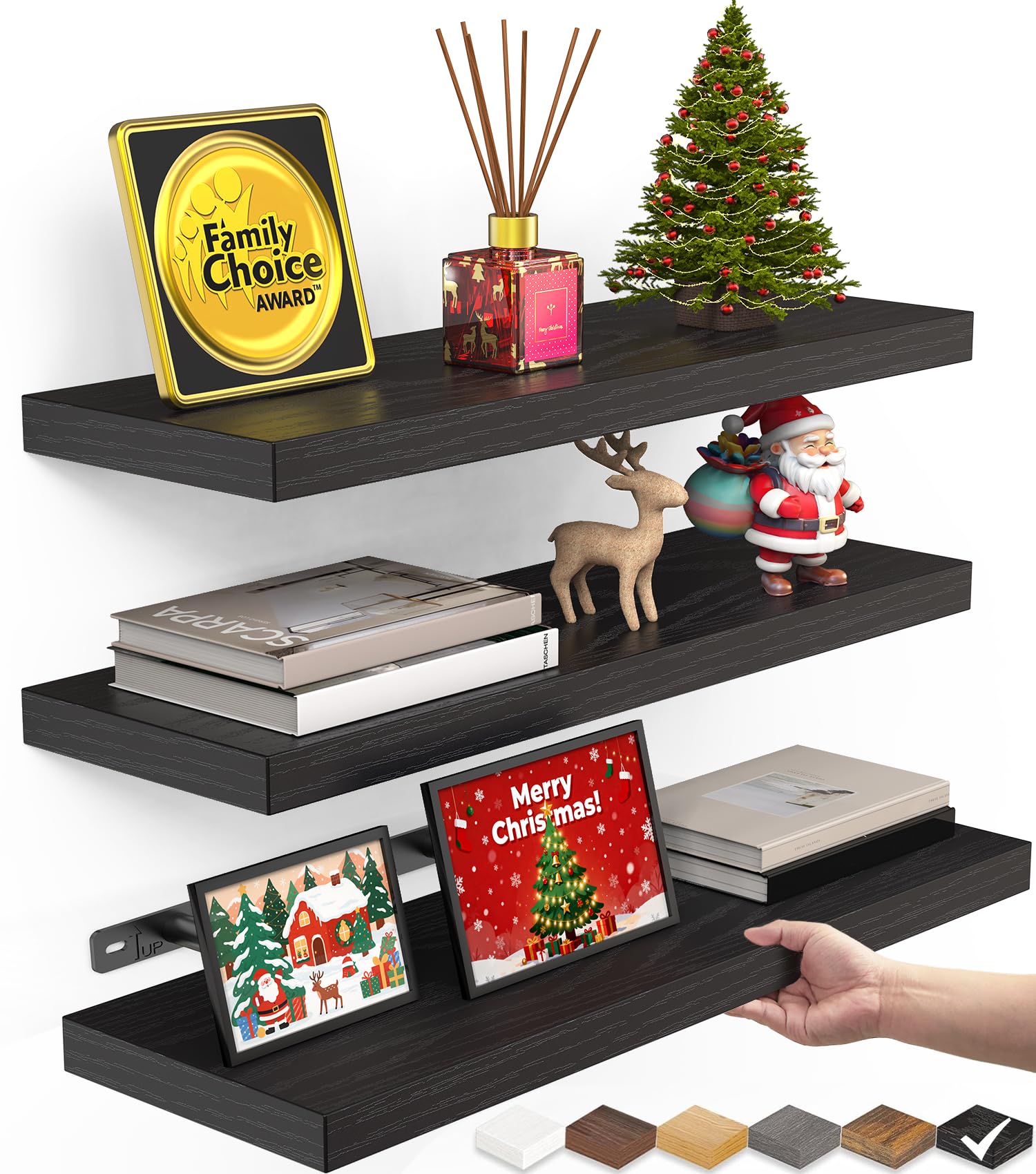 BAYKA Floating Shelves for Wall, Wall Mounted Rustic Wood Shelves for Bathroom, Bedroom, Living Room, Kitchen, Hanging Shelf for Books/Storage/Room Decor with 22lbs Capacity (Black, Set of 3, 15.7in)