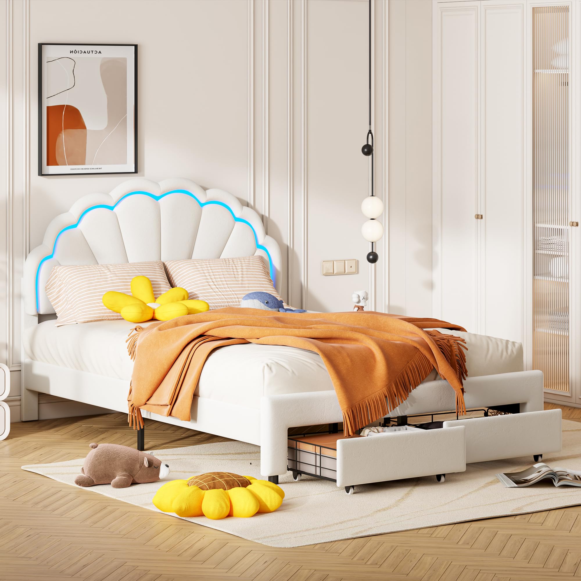 Cama Infantil Doble de 140 x 200 cm, con cajón de Almacenamiento, Cama Infantil Acolchada con LED, cabecera de Cama Ajustable en Altura en Forma de pétalo, somier de láminas, Camas para niña