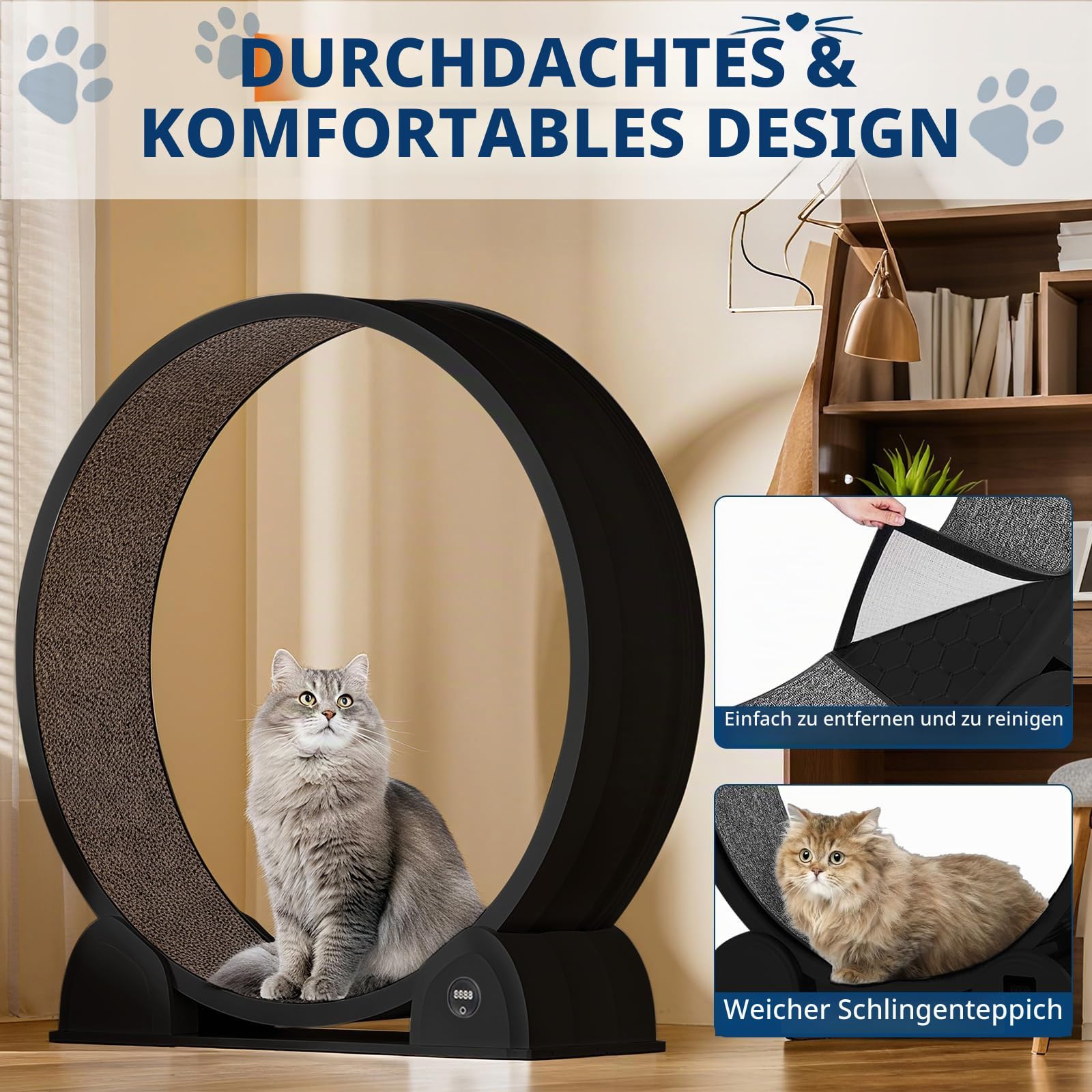 Katzenlaufrad, 114cm Laufrad mit Schrittzähler & Kratzbrett für Indoor-Katze, Super Leise Laufband mit abnehmbarem Teppich, Katzenrad für Kleines Mittel Großes Katze Gewichtsverlust & Gesundheit - Sch
