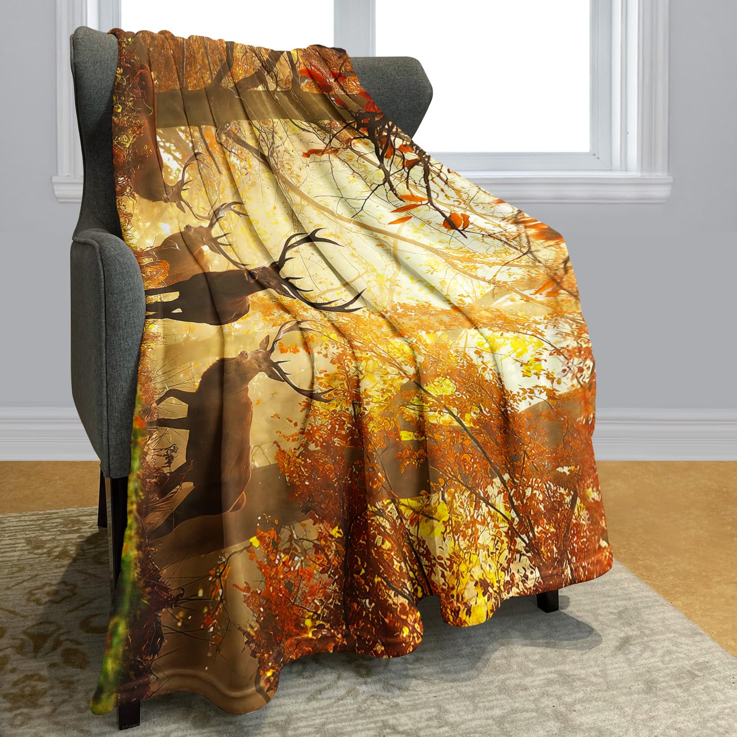 YISUMEI Decke 150x200 cm Kuscheldecken Sanft Flanell Weich Fleecedecke Bettüberwurf Hirsch im Herbst Wald