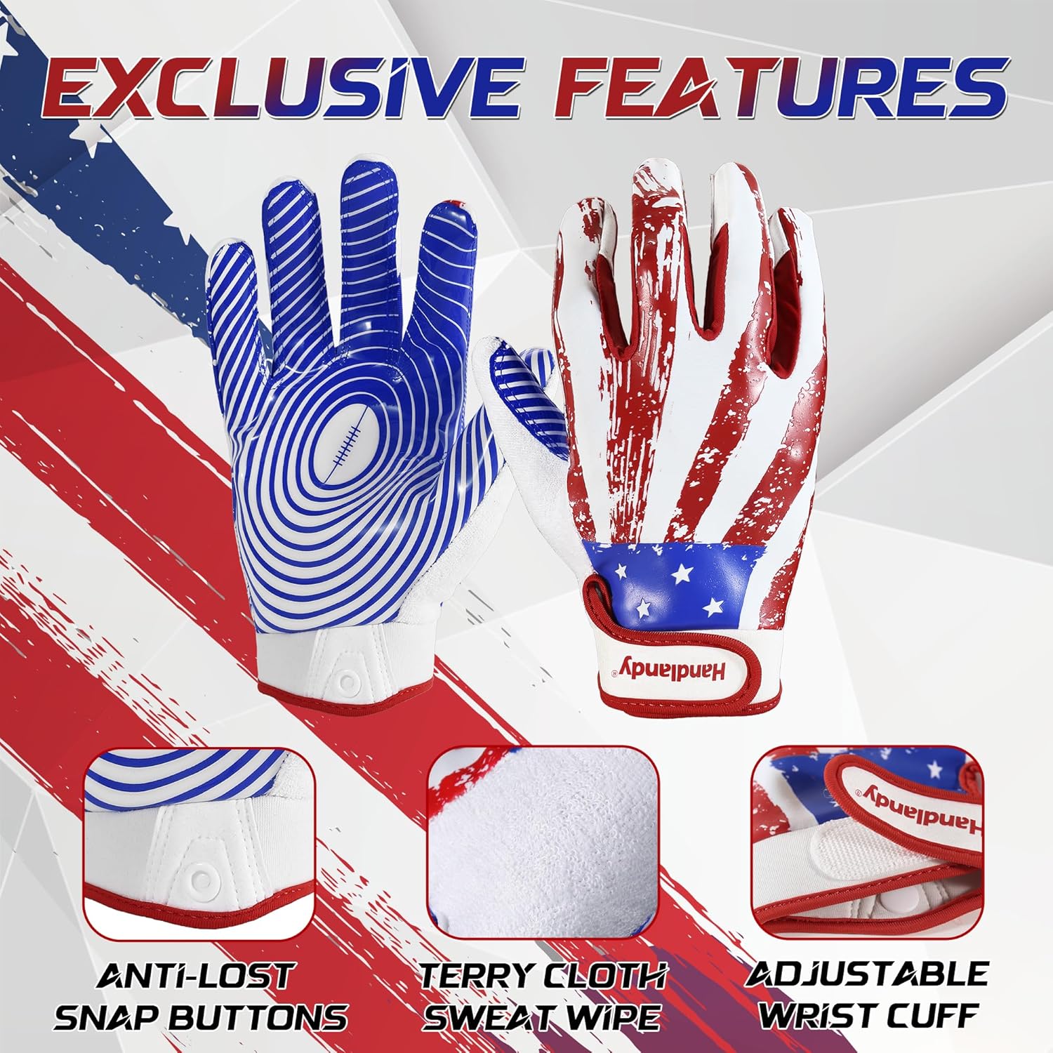 HANDLANDY Youth Football Gloves, Sticky Wide Receiver Gloves for Kids & Adults, 2 Pairs, White, Red, Blue, Unisex-Youth