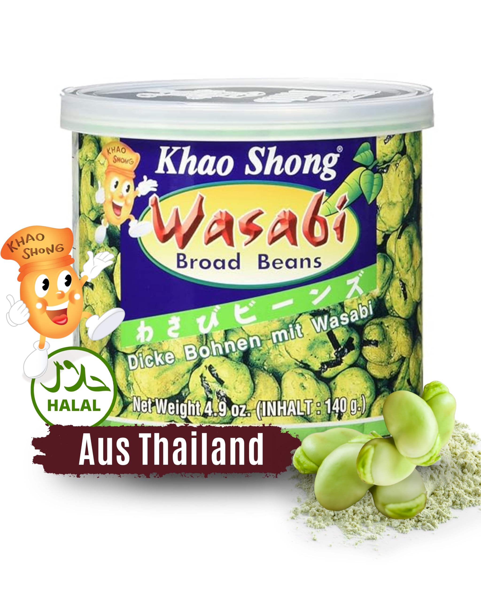 Khao Shong - Knusprige Dicke Bohnen mit Wasabi Geschmack - Scharfer Snack aus Asien - Snacks, Nüsse & Erdnüsse - Original aus Thailand - 1 x 140 g