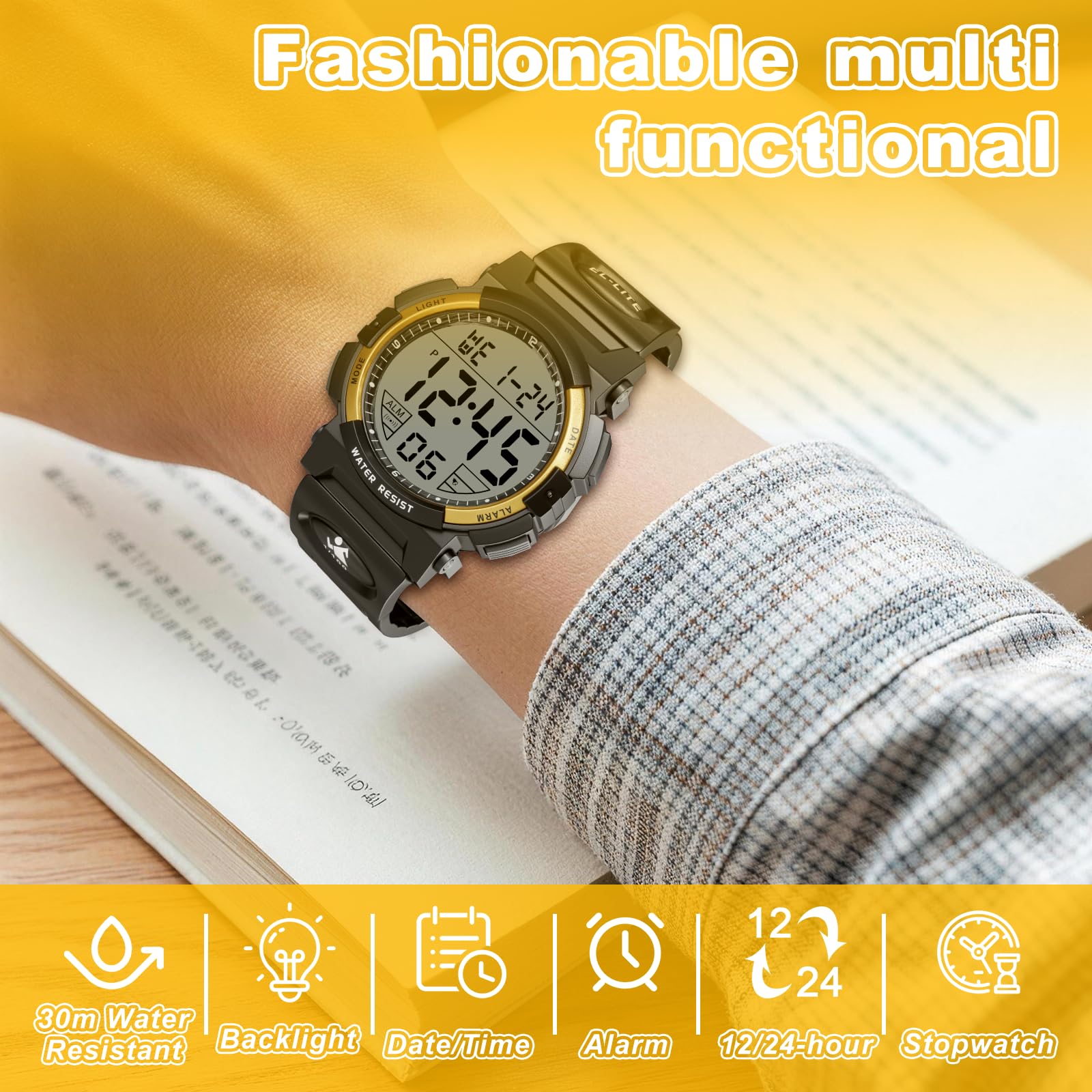 Edillas Orologio digitale impermeabile fino a 30 m con sveglia, per ragazzi attivi (nero oro)