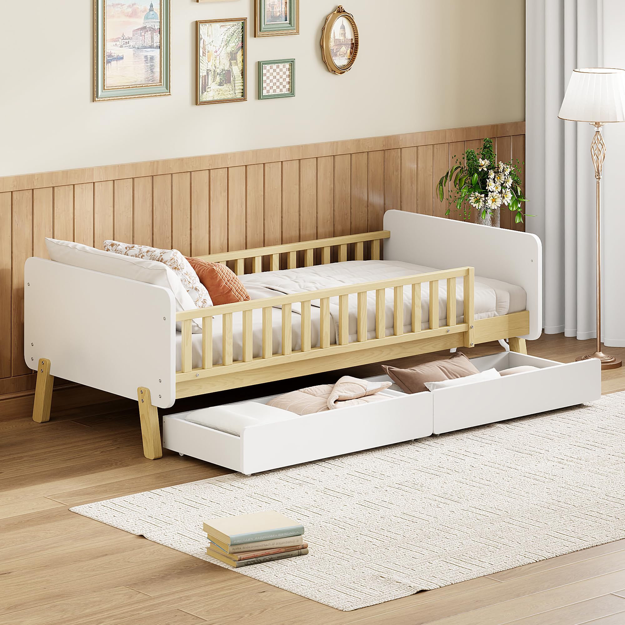 Lexiou Cama infantil 90 x 190 cm con 2 cajones, cama individual de madera maciza con somier (blanco)