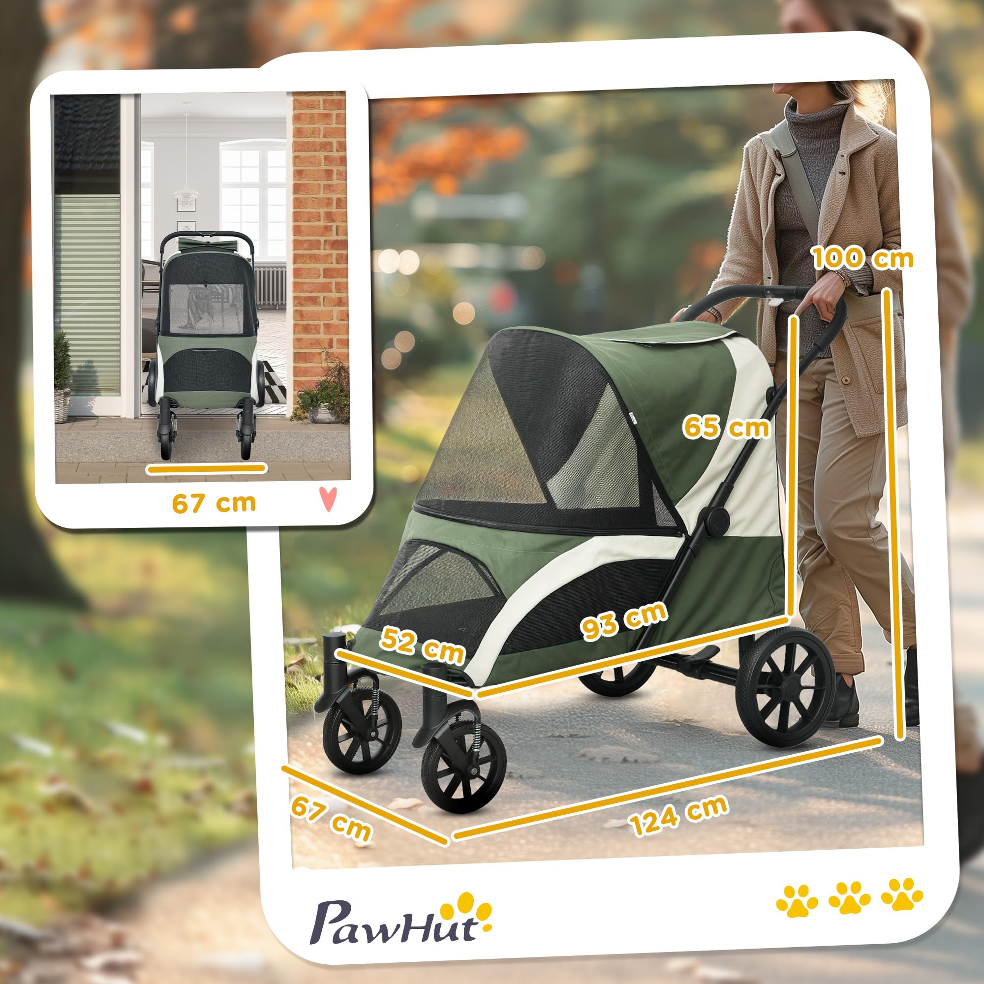 PawHut Cochecito plegable para perros y gatos grandes, hasta 30 kg, con cojín, ventanas de red y puertas, bolsa de almacenamiento, color verde oscuro