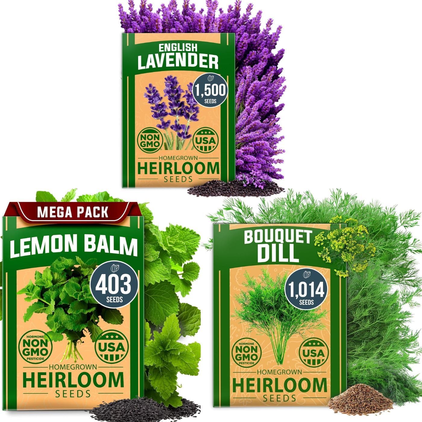 HOME GROWN Herbal Garden Trio – Lemon Balm, Dill & English Lavender Seeds – 3,000+ Non-GMO Heirloom Seeds – Indoor & Outdoor Herb Garden – Ideal for Herbal Teas, Cooking & Aromatherapy