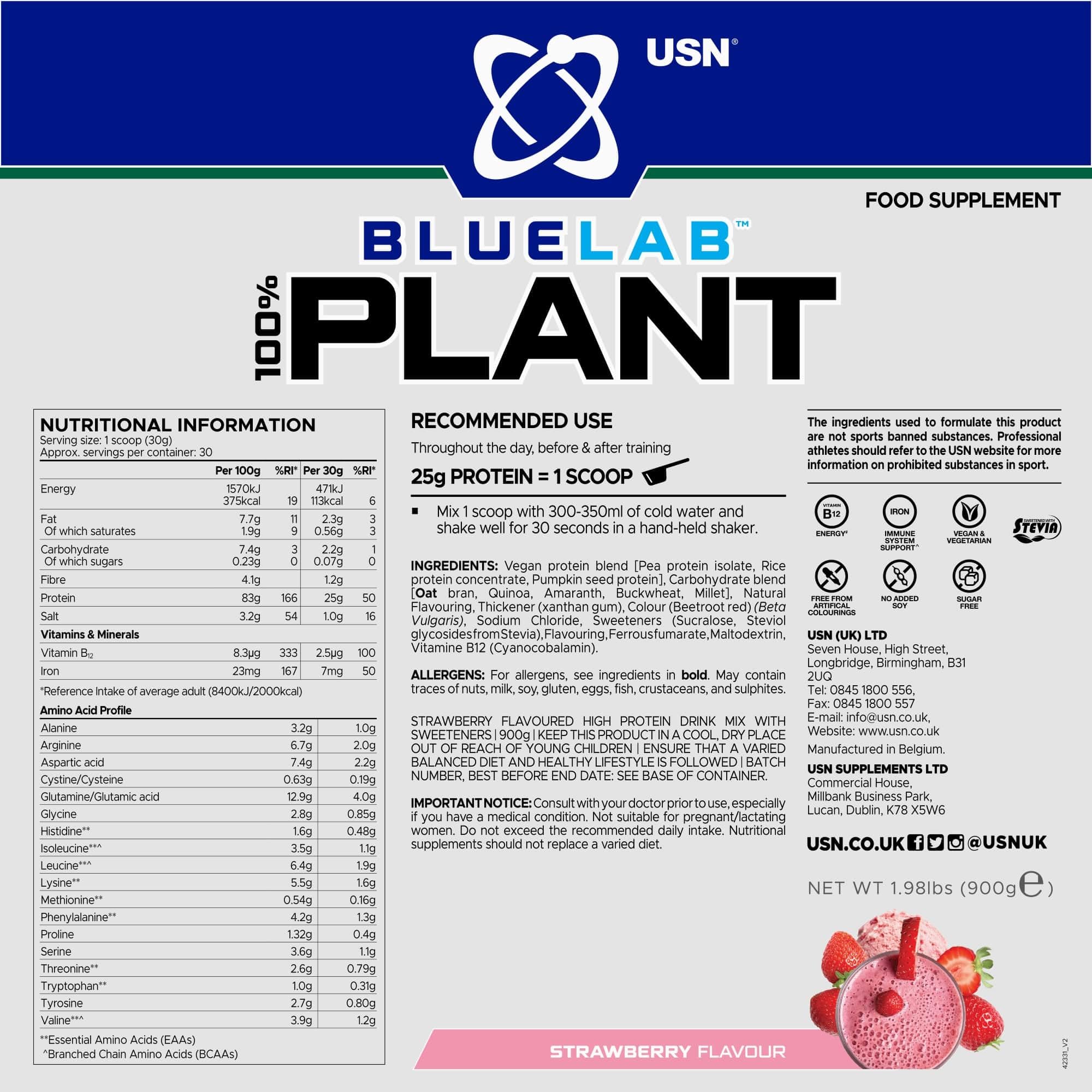 USN 100% proteine vegetali fragola, proteine vegane in polvere (900 g) Una miscela proteica a base vegetale senza zucchero senza soia e senza aromi artificiali